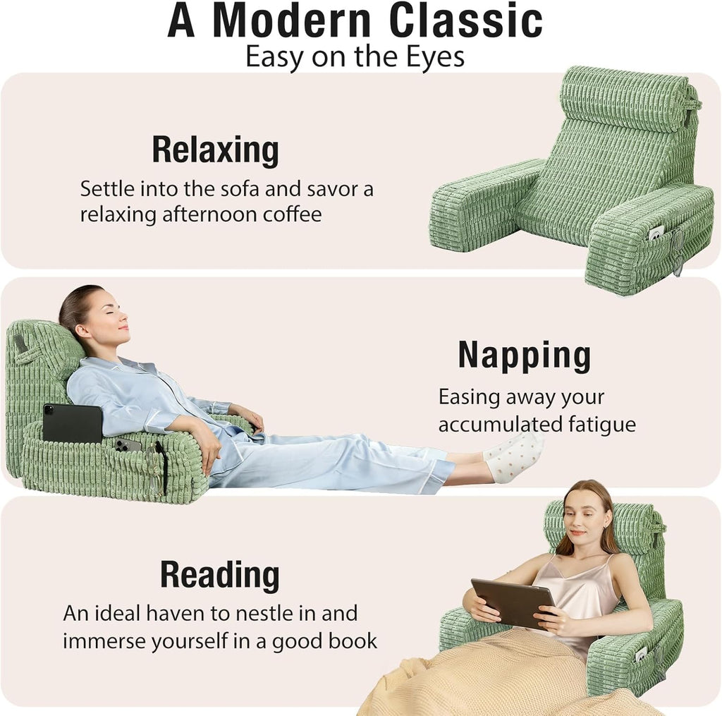 19" Reading Pillow for Bed with Built-in Arms & Large Pockets, Supportive Backrest Cushion for Reading, Resting, or Reclining, Washable…