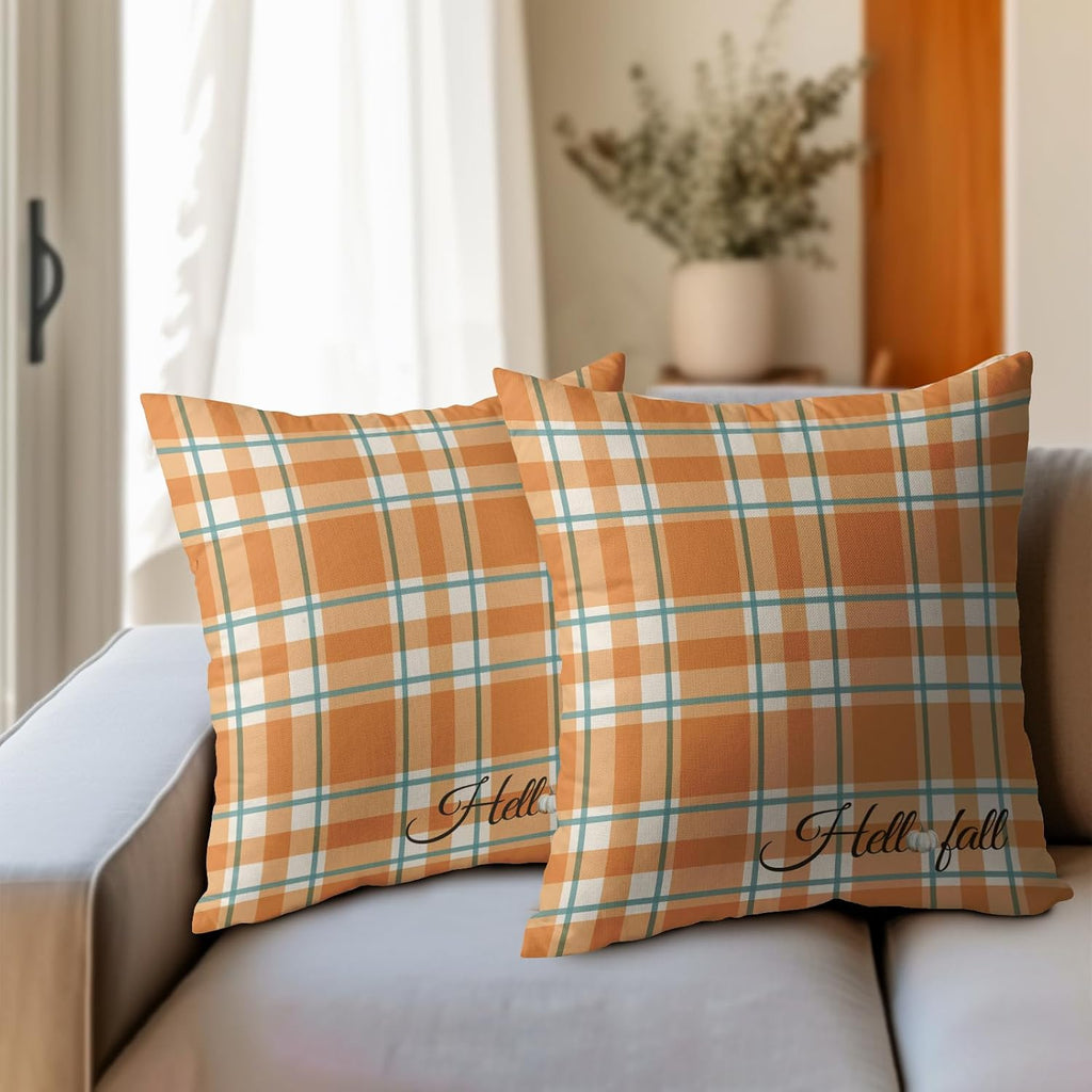 Orange Stripe Fall Throw Pillow Cover 16x16 Inch Set of 2 Hello Fall Stripes Buffalo Plaid Decorative Pillow Protector Pumpkin Autumn…