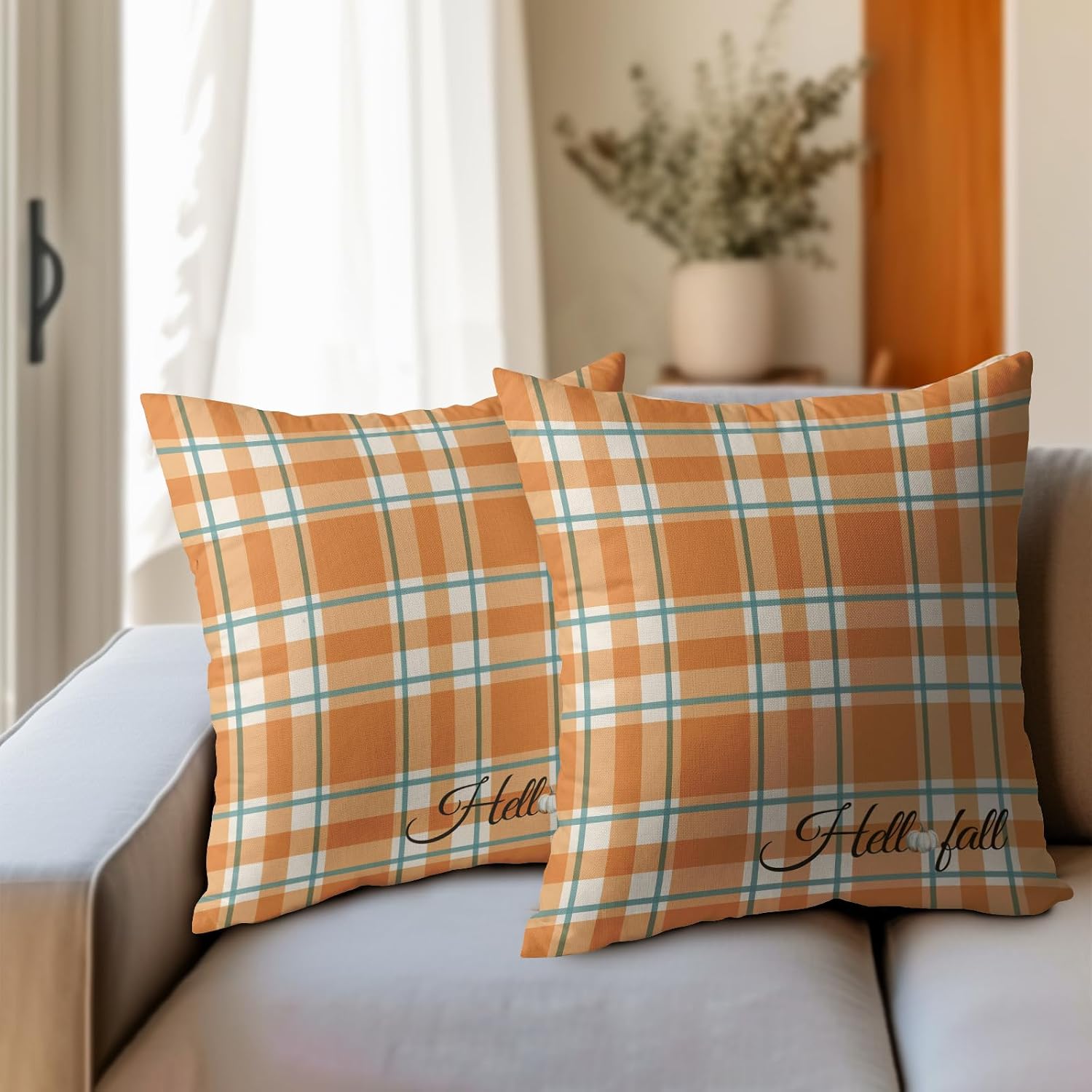 Orange Stripe Fall Throw Pillow Cover 18x18 Inch Set of 2 Hello Fall Stripes Buffalo Plaid Decorative Pillow Protector Pumpkin Autumn…