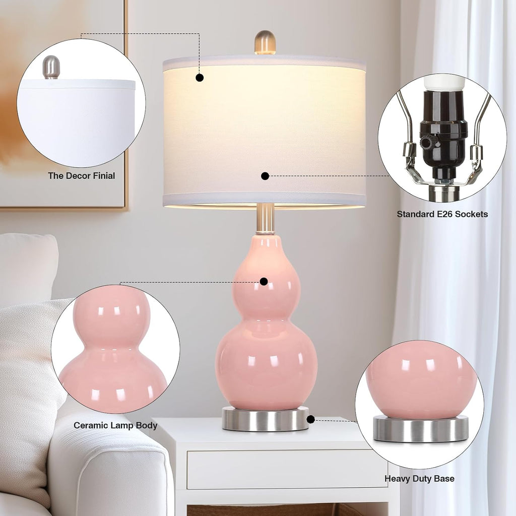 Rinweey Double Gourd Ceramic Table Lamps Set of 2, Modern Pink Bedside Lamps for Night Stand, Contemporary Nightstand Lamps for Bedroom…