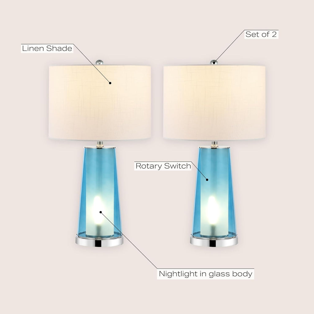 Jonathany JONATHAN Y 26" Chrome/Clear Blue Nightlight Table Lamp Set of 2 for Bedroom, Modern Glass Desk Lamps with White Fabric Shade, Far…