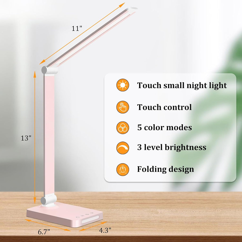 LED Desk Lamp with USB Ports, Touch Desk Lamps for Home Office with 5 Color Modes,3 Brightness Desk Light with Small Night Light, Reading…
