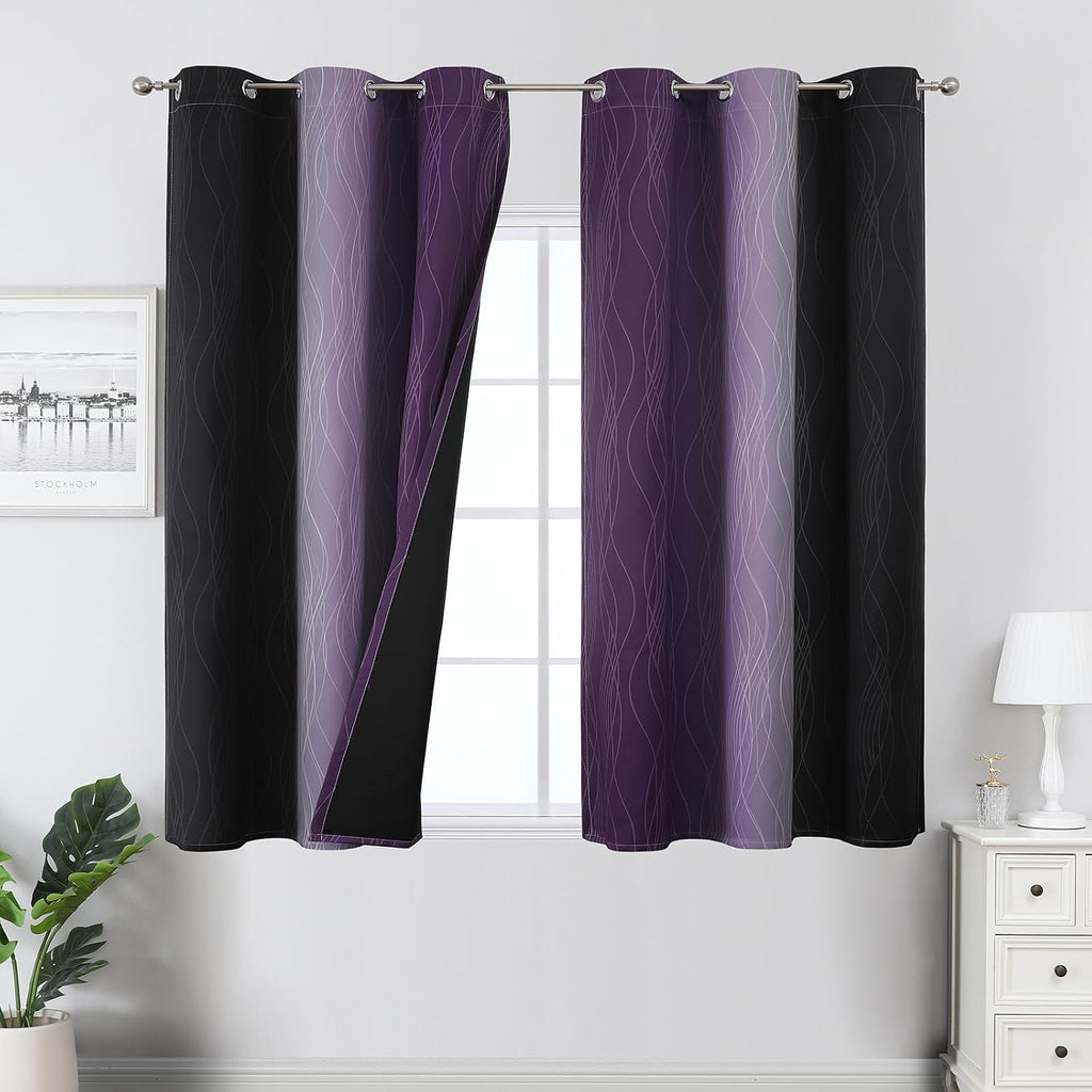 Estelartextiler Estelar Textiler Purple and Black Ombre Blackout Curtains 45 Inch Length, Full Room Darkening Gradient Drapes for Kitchen,…