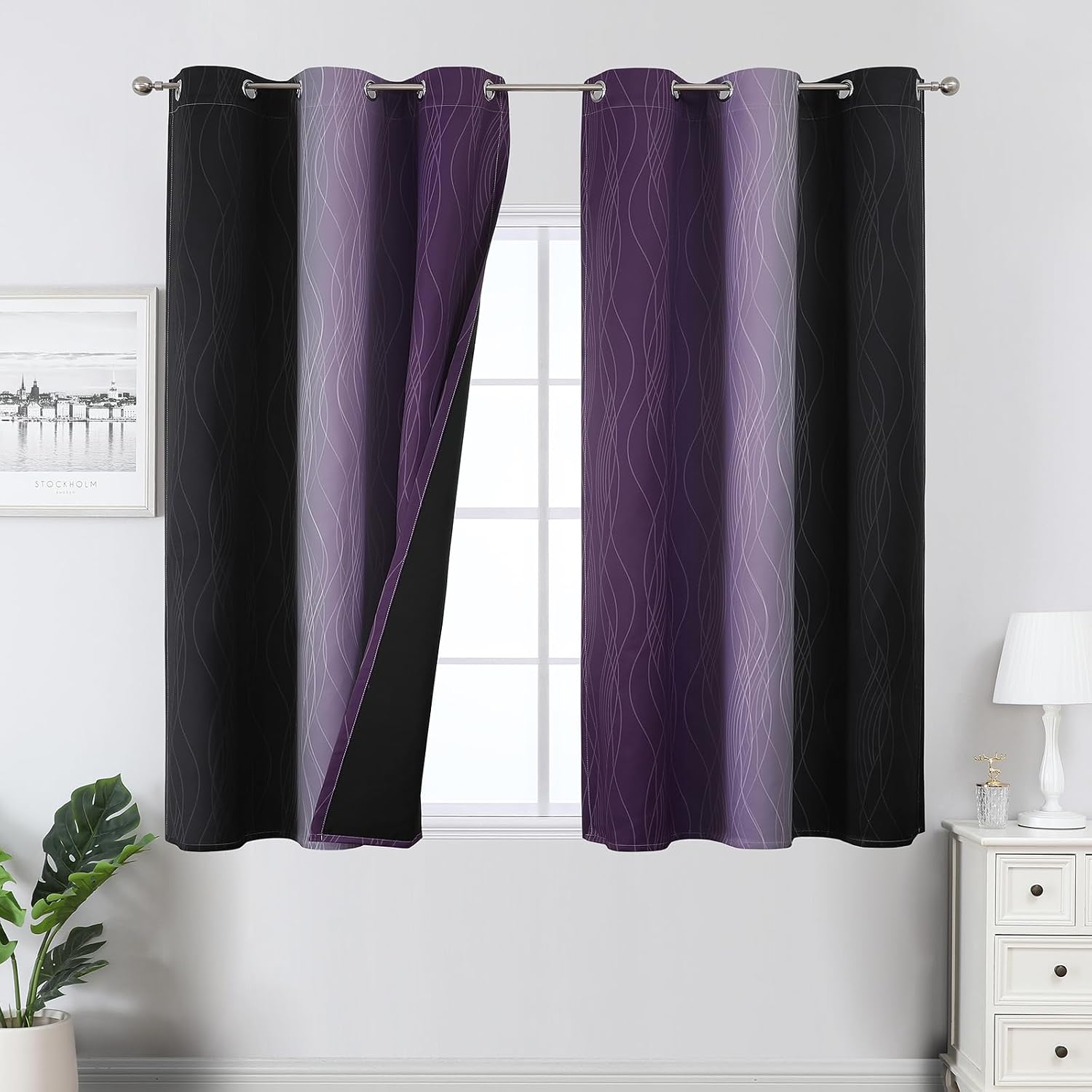 Estelartextiler Estelar Textiler Purple and Black Ombre Blackout Curtains 45 Inch Length, Full Room Darkening Gradient Drapes for Kitchen,…