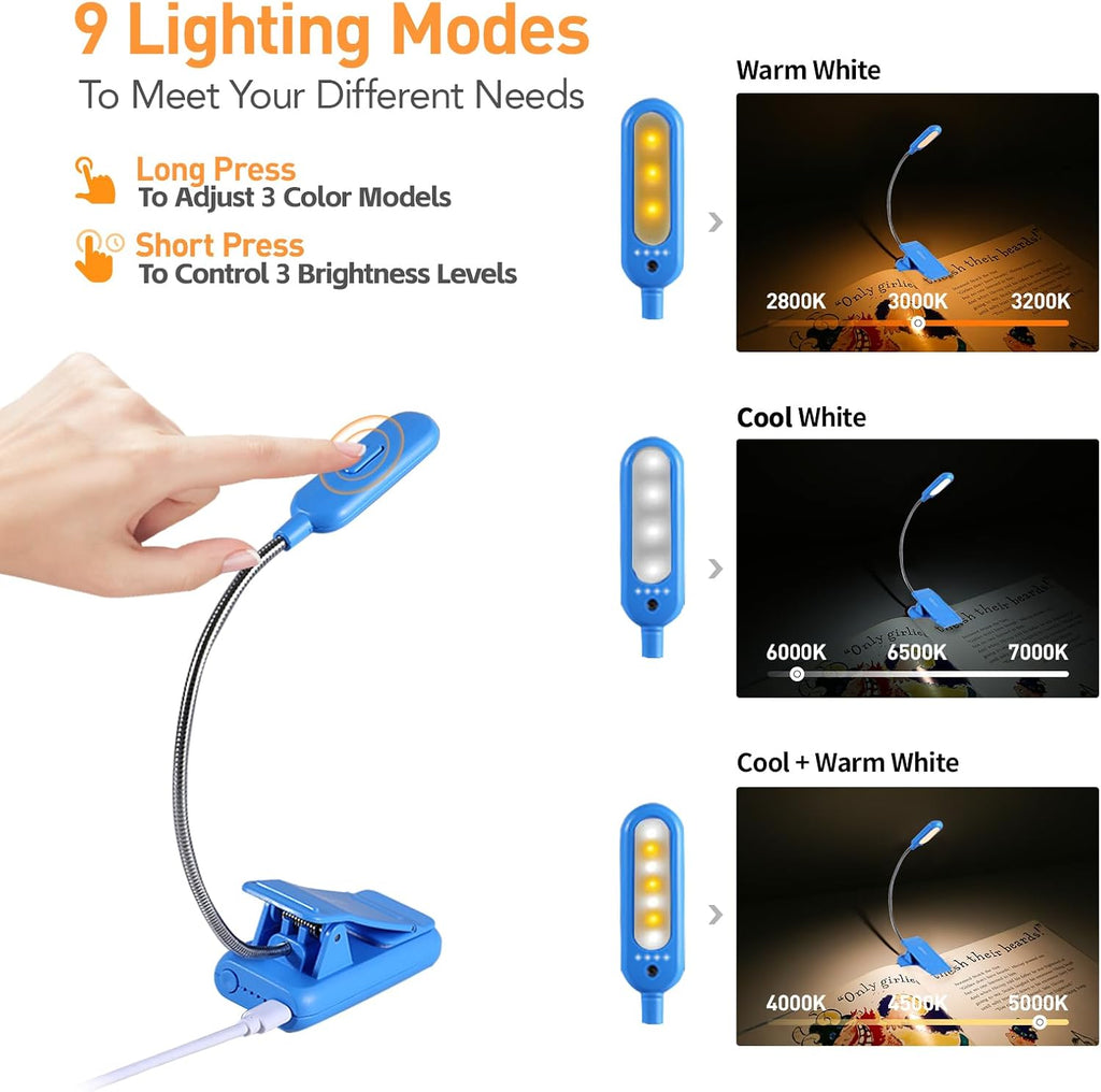 Vavofo Rechargeable Book Light for Reading in Bed Kids, 7 LED Reading Light with 9-Level Warm Cool White Daylight, Eye comfort Lamp with…