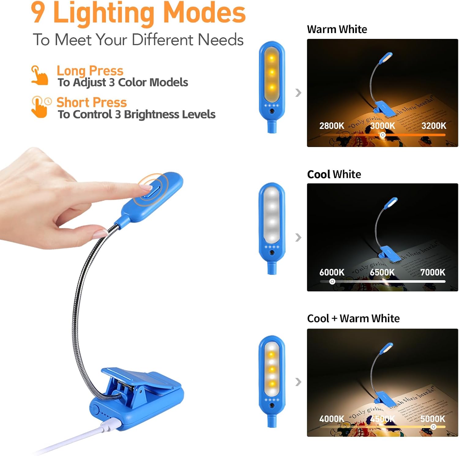 Vavofo Rechargeable Book Light for Reading in Bed Kids, 7 LED Reading Light with 9-Level Warm Cool White Daylight, Eye comfort Lamp with…