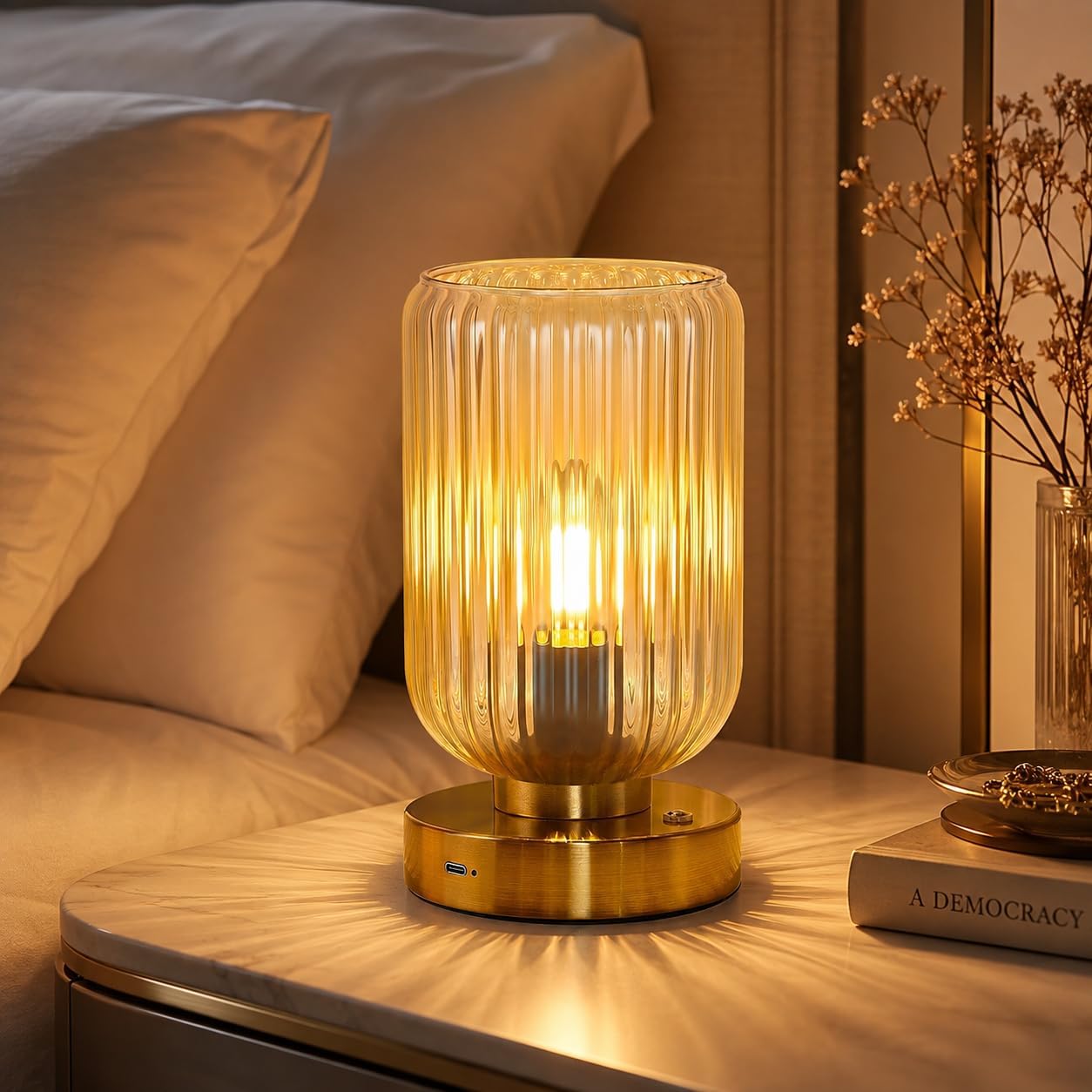 LightRound Table Lamp for Bedroom, Cordless Small Bedside Lamp, Touch Dimmable Rechargeable Lamp Battery Operated with Amber Glass Shades…