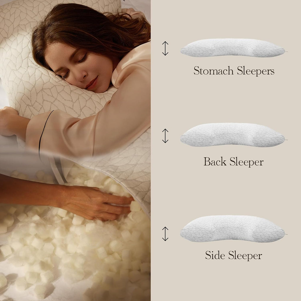 Memory Foam Pillows for Sleeping Adjustable Bamboo Blend Breathable Bed Pillow for Side, Back, and Stomach Sleepers Washable Pillow Cover…