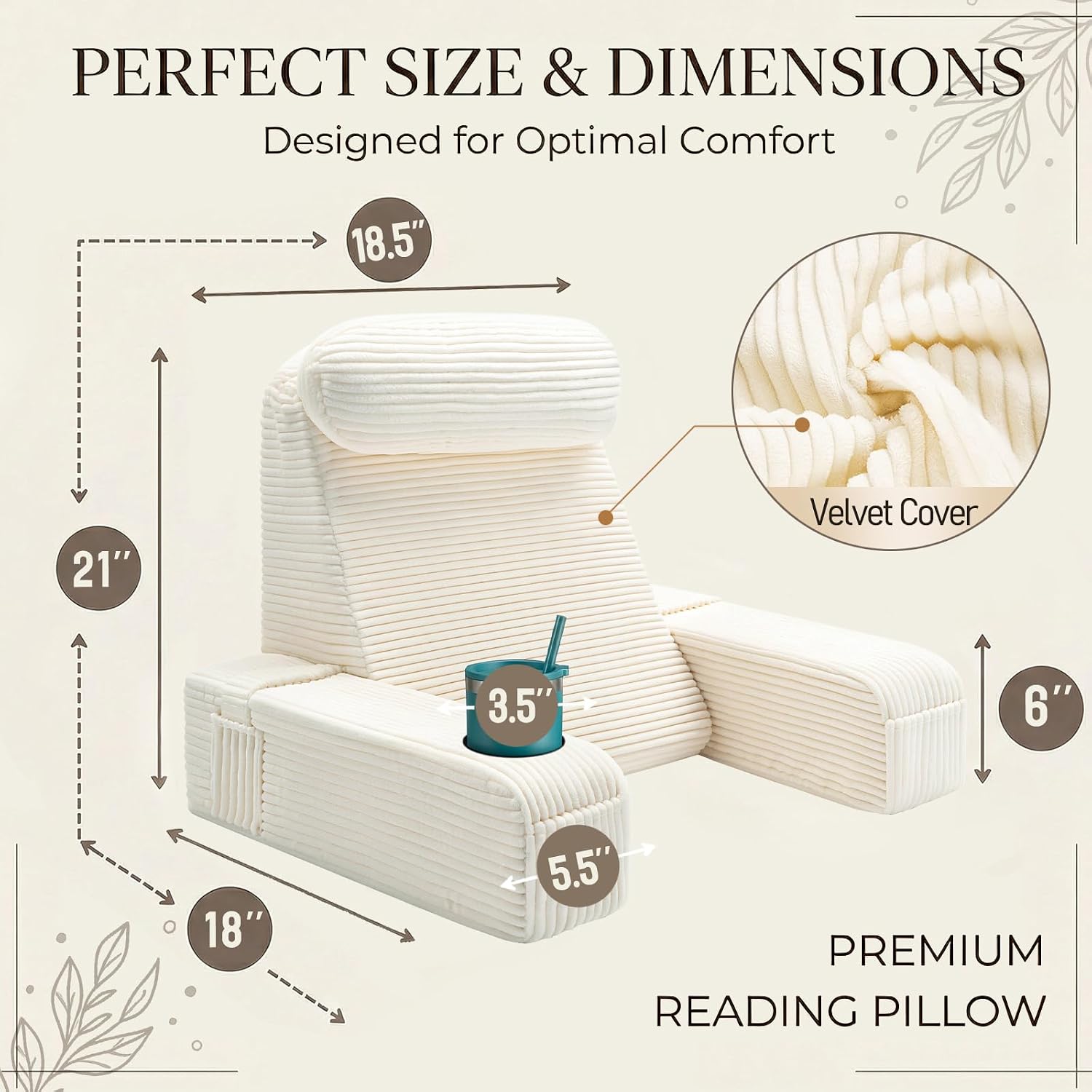 Asawesling Reading Pillow for Adults, Back Pillow for Bed Sitting Up, Backrest Pillow for Sitting in Bed, Detachable Arms with Built-in Cup…
