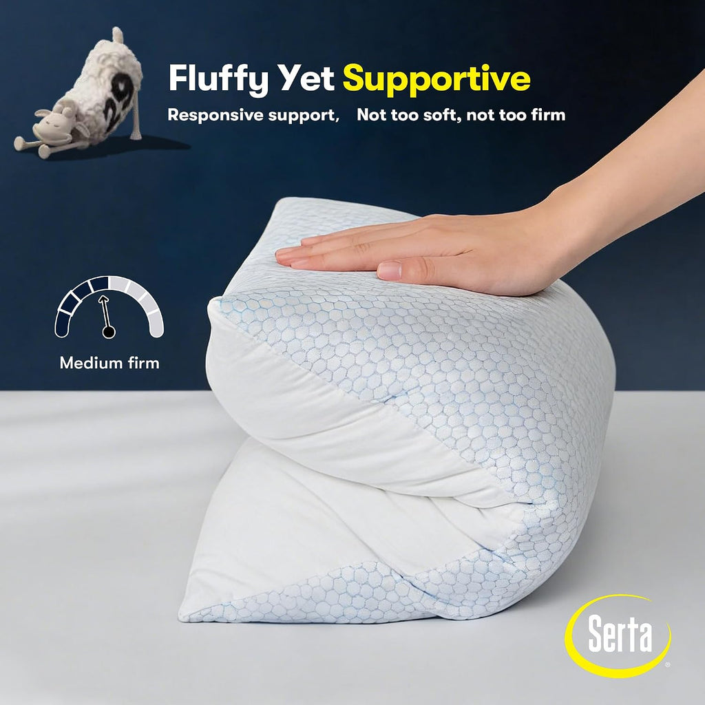 Serta Cooling Down Alternative Bed Pillows Queen Size Set of 2, Reversible Cooling & Cotton Fabric, Medium Firm, Breathable Support for…