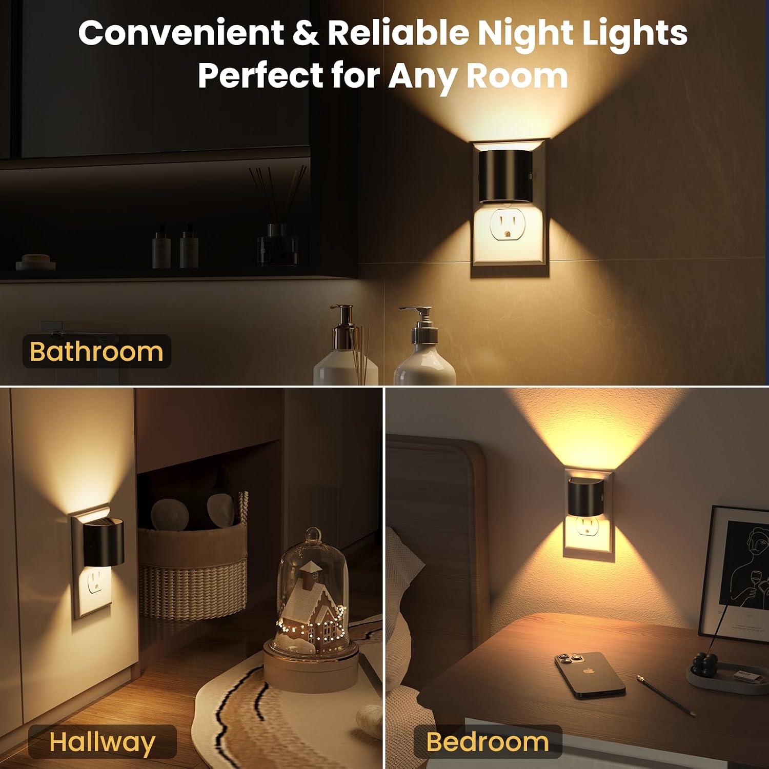 Night Lights Plug into Wall, LED Night Light 2 Pack, Soft Glow Night Lights with Dusk to Dawn Sensor, 3-Level Dimmable Nightlight, Up &…