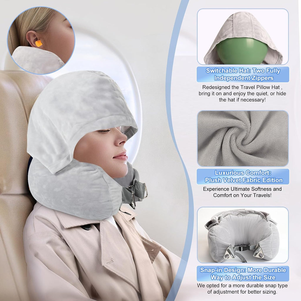 DreamShore Stuffable Neck Pillow for Travel with Hood - Adjustable Velvet Travel Pillow with Earplugs & Eye Mask, Ultimate Carry-On…