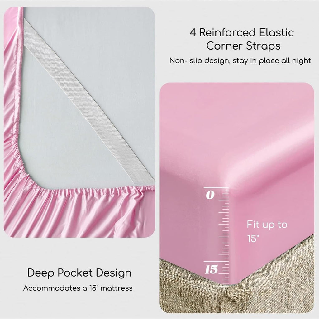 MR&HM Satin Bed Sheets, King Size Sheets Set, 6 Pcs Silky Bedding Set with 15 Inches Deep Pocket for Mattress (King, Pink) 6 Pcs 15 In…