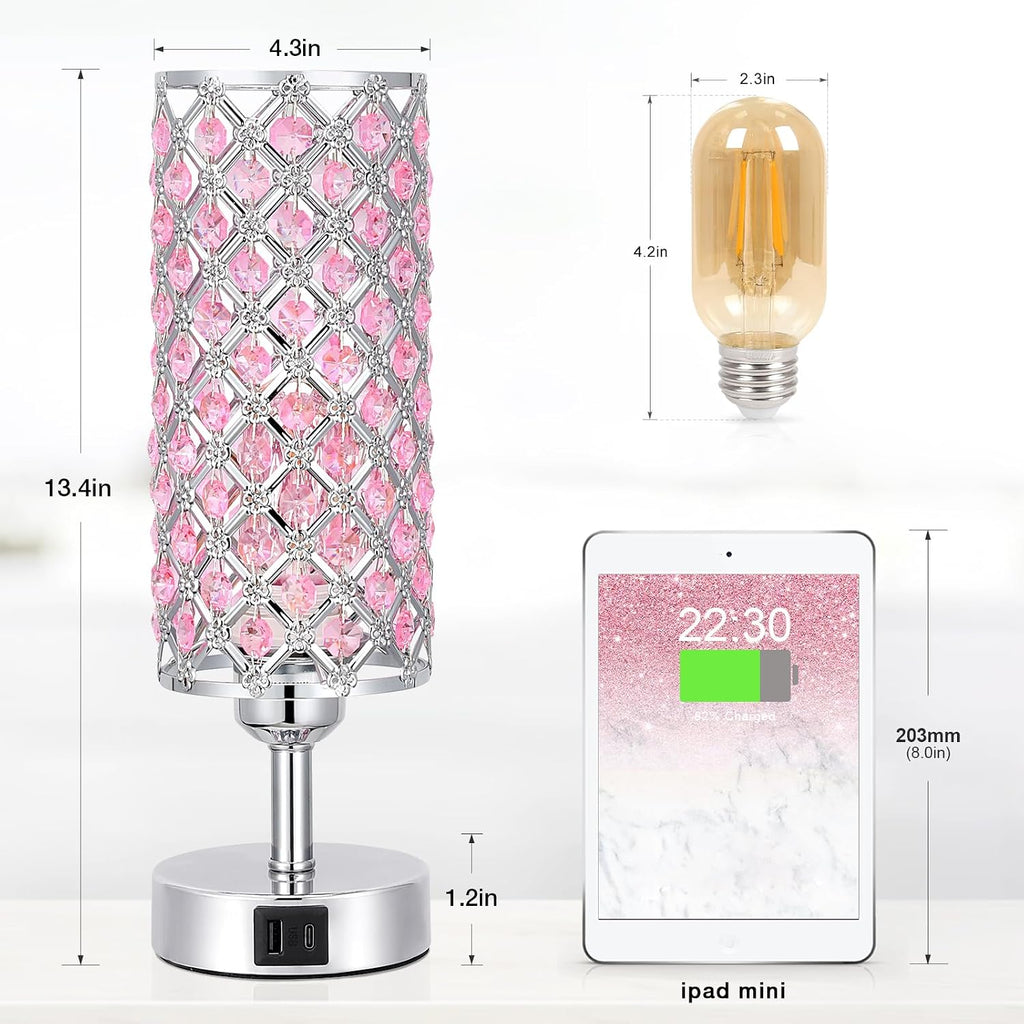 Hong-in Crystal Table Lamp, Pink Touch Lamp with USB C+A Ports, 3 Way Dimmable Bedroom Light with Crystal Shade, Bedside Nightstand Small…