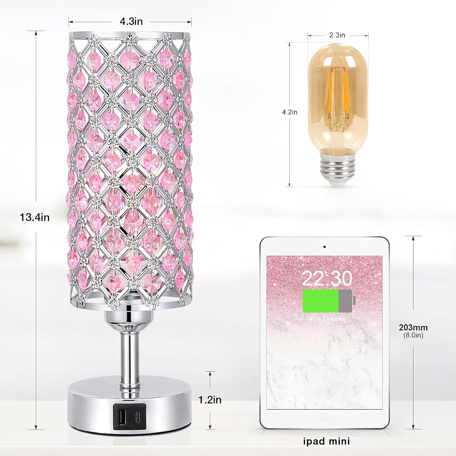 Hong-in Crystal Table Lamp, Pink Touch Lamp with USB C+A Ports, 3 Way Dimmable Bedroom Light with Crystal Shade, Bedside Nightstand Small…