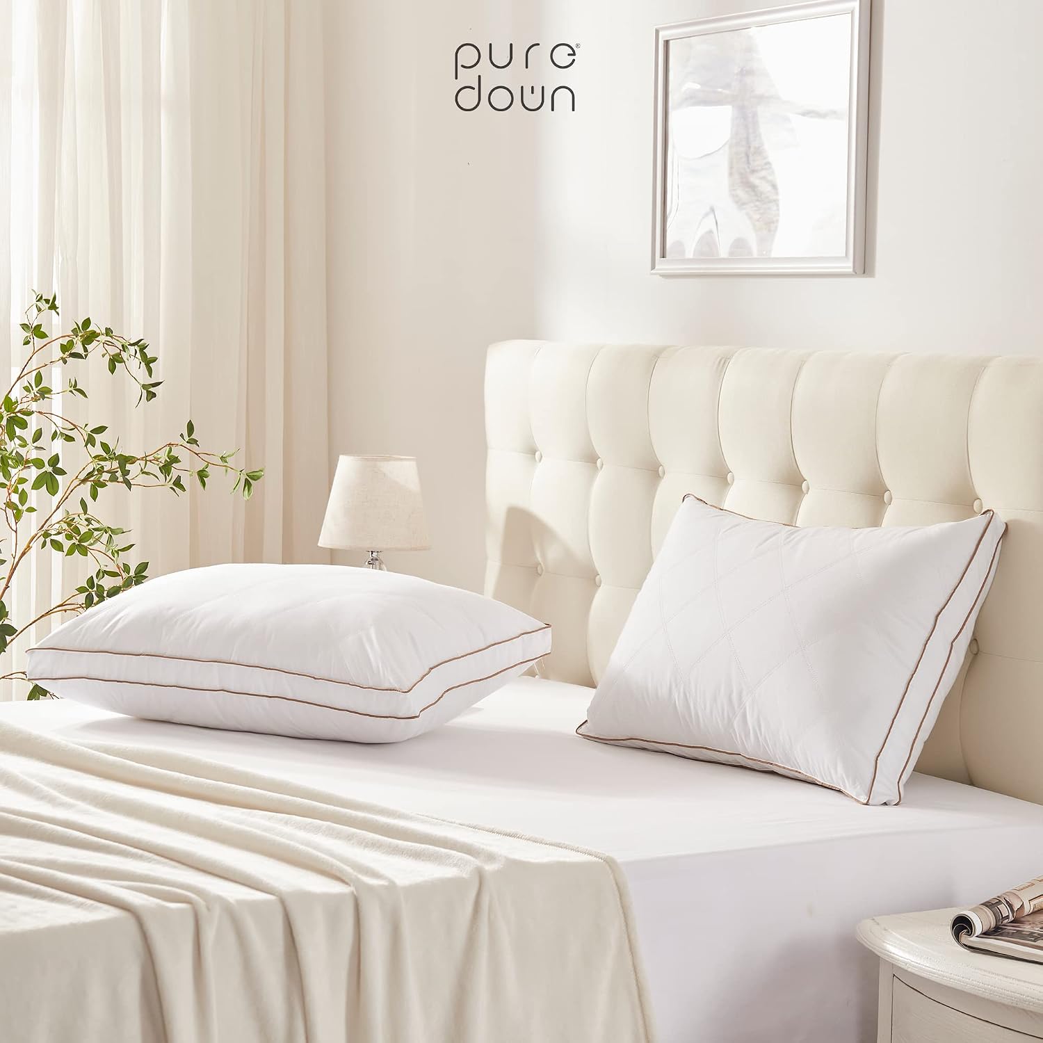 puredown® Goose Feathers and Down Pillow for Sleeping Hotel Collection Bed Pillows, Gusseted, King, Set of 2