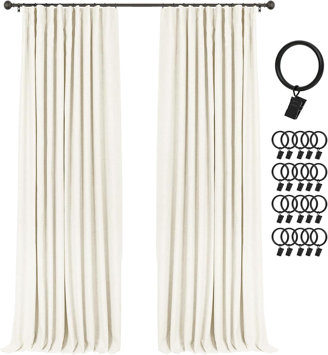 INOVADAY 100% Blackout Curtains for Bedroom, Black Out Curtains 63 Inch Long, Clip Rings Linen Blackout Drapes, Thermal Insulated Room…