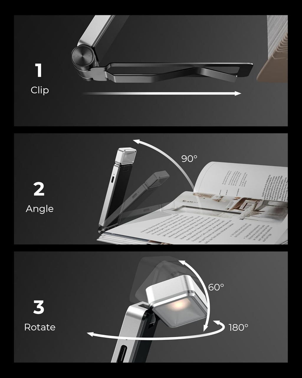86Lux Book Light, Rechargeable Clip-On LED Reading Light for Bed & Night Use - 3 Color Temperatures with Stepless Dimming, Ultralight Bookm…