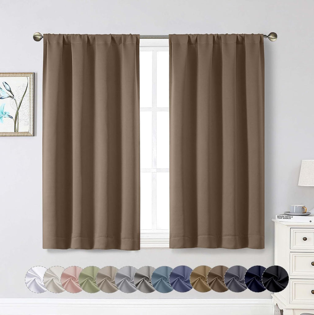 WelvetBLK Brown Room Darkening Curtains for Bedroom Living Room 45 Inch Length 2 Panels Set, Soft Solid Thermal Insulated Rod Pocket Short…