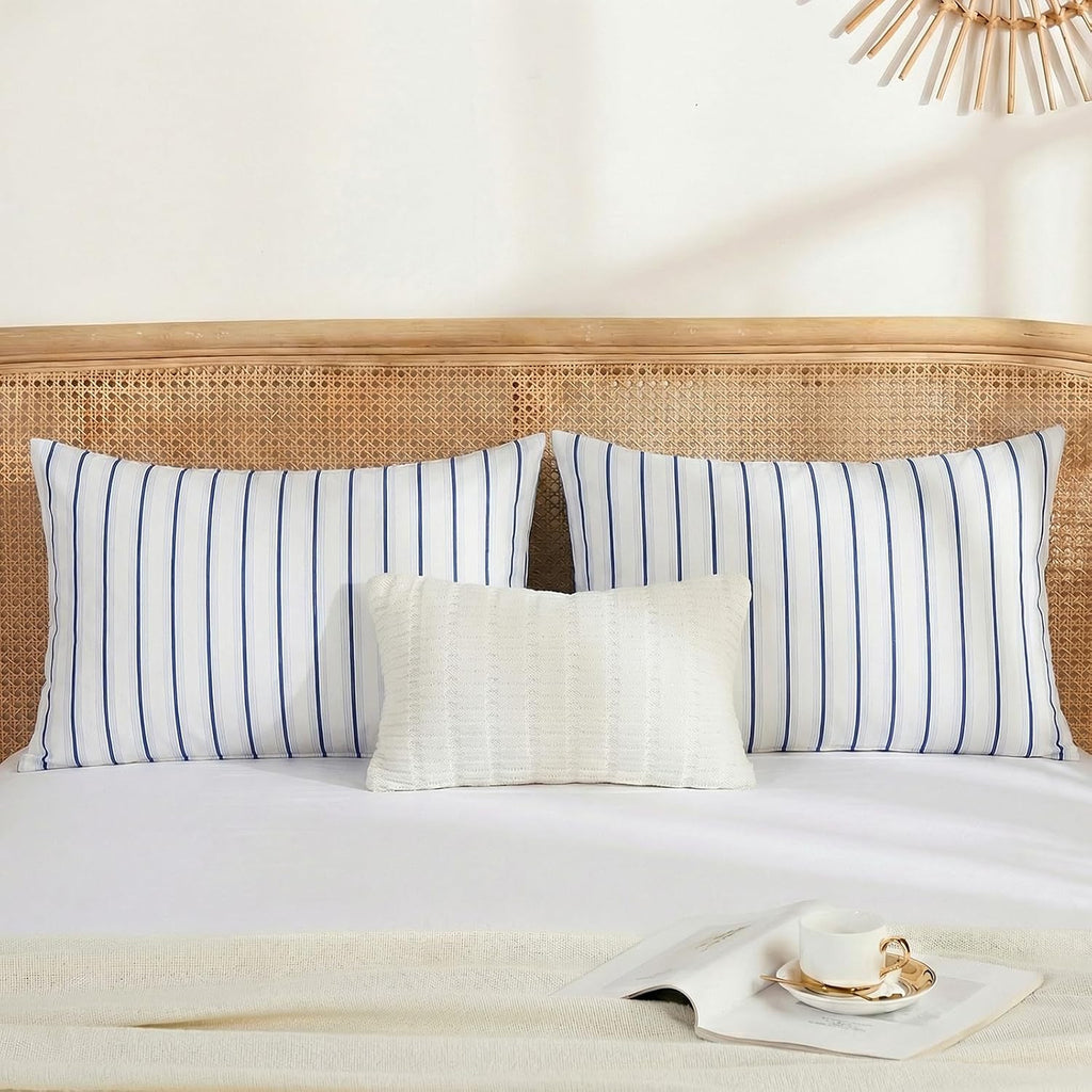 Merryword Standard Size Pillowcases, 100% Cotton Pillow Cases, Blue and White Striped Pillowcases, Soft Breathable Wide Stripes Pillow Cove…