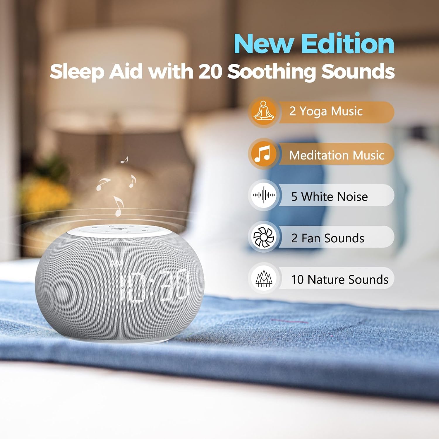 Reacher Auto-Dimmable Sound Machine Alarm Clock with Night Light, 20 Soothing Sounds, LED Digital Display, Sleep Timer, Precise Volume Cont…