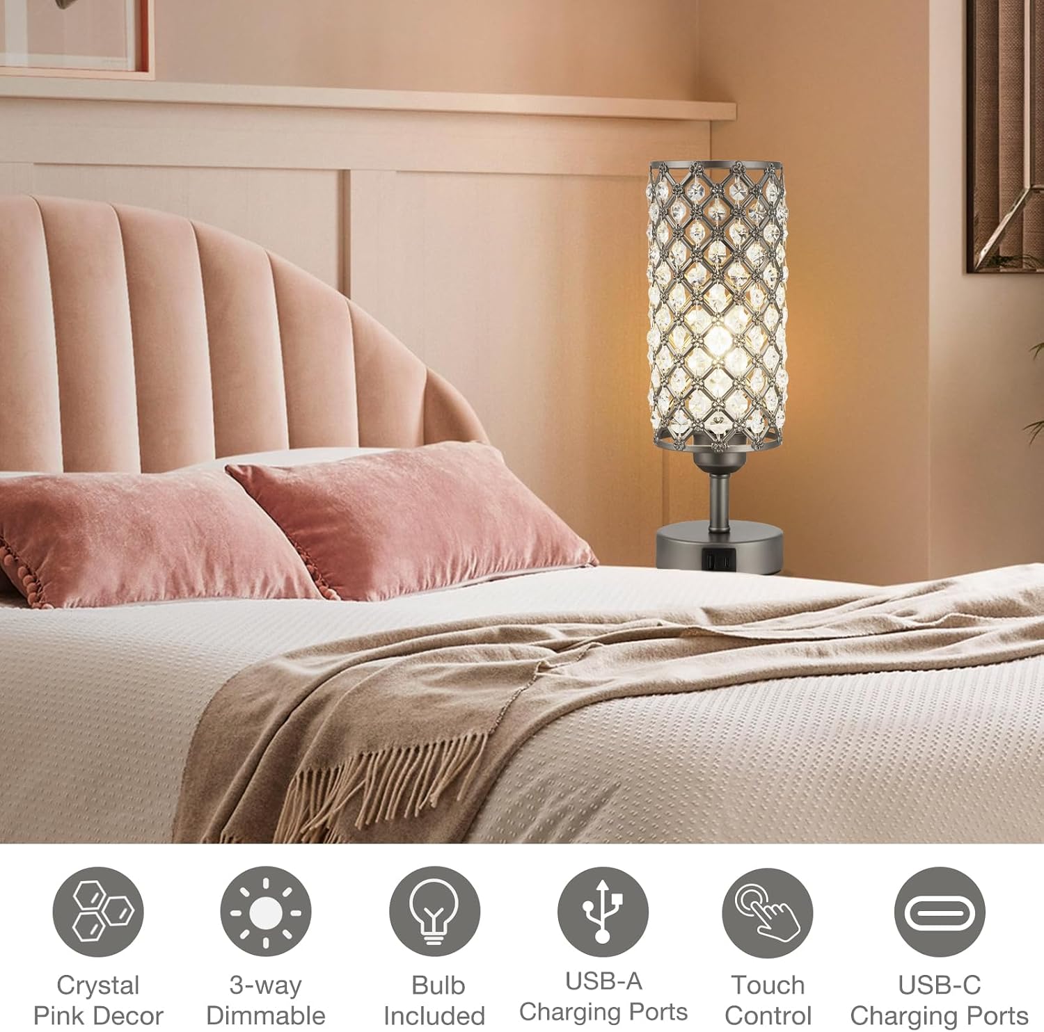Hong-in Gray Crystal Table Lamp - 3-Way Dimmable Touch Control, Bedside Lamp with USB C and A Ports, Nightstand Light for Living Room…