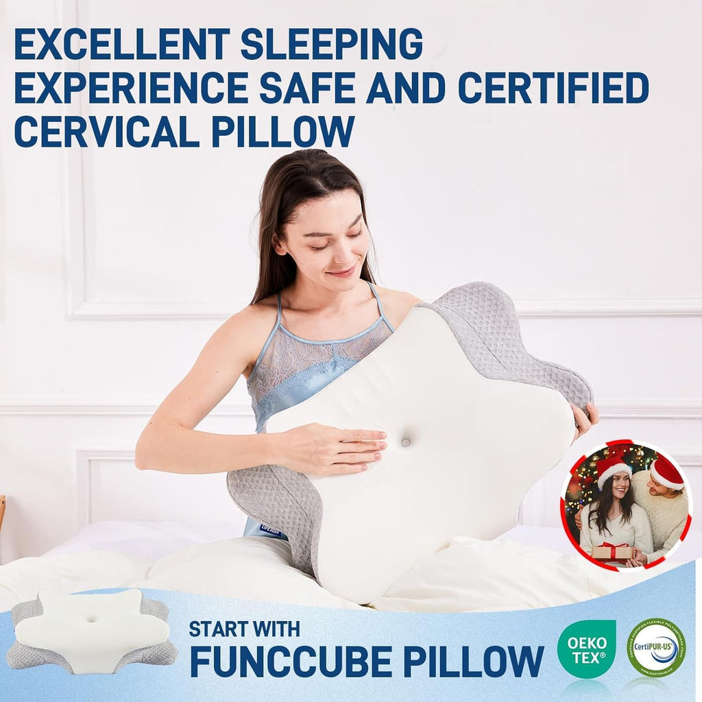 Funccube Cervical Neck Pillow - Memory Foam Pillow for Sleeping, Ergonomic Neck Support Contour Pillows for Side Back Stomach Sleepers, Orth…