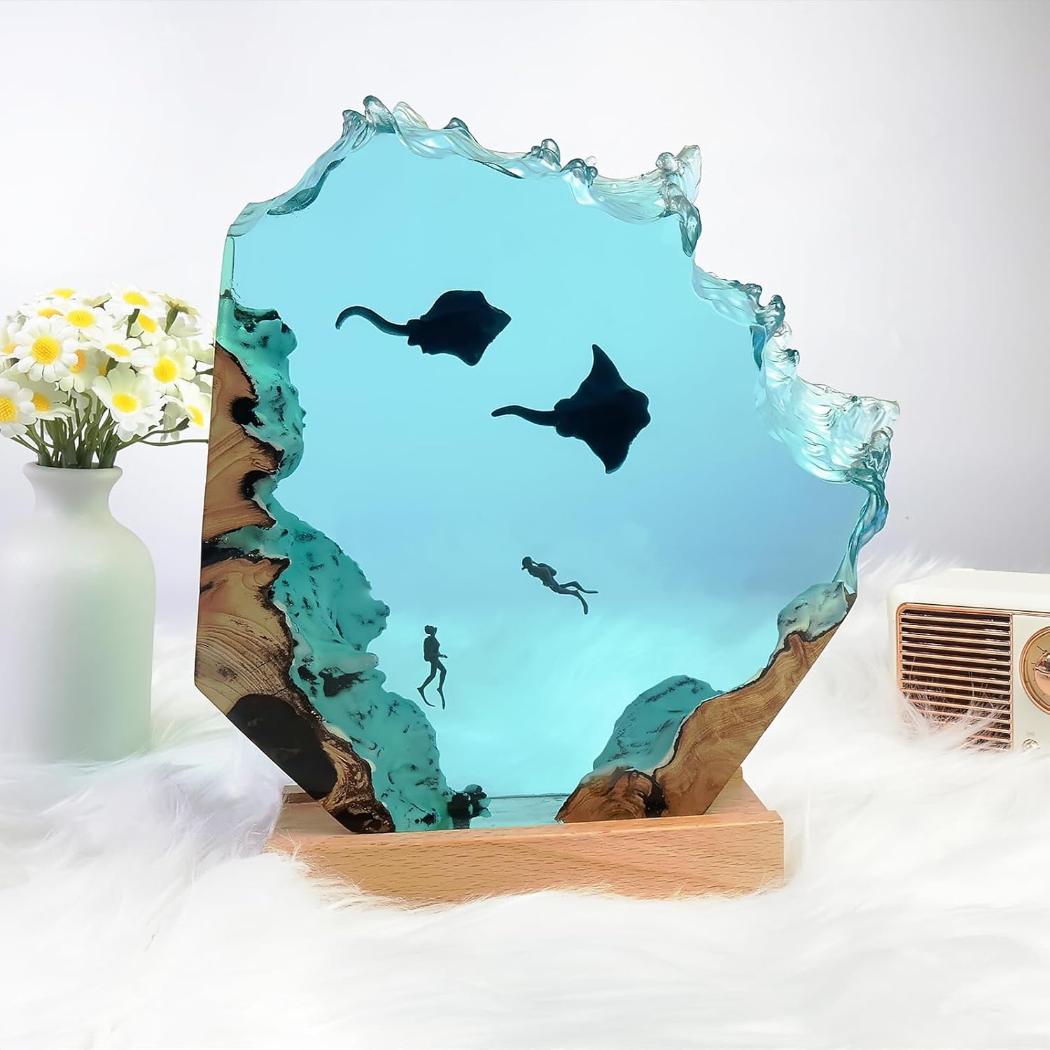 Epoxy Resin Lamp, Ocean Night Light, Artistry Home Decor Bedside Nightlight, Unique Resin Lighting, Nightstand Decorations for Bedroom…