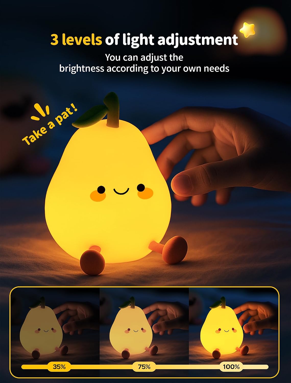 Pear Night Light for Kids, Nursery Night Lights, Bedside Touch Lamp, Cute Silicone Nightlight for Baby Toddler, 3 Level Dimmable Soft…