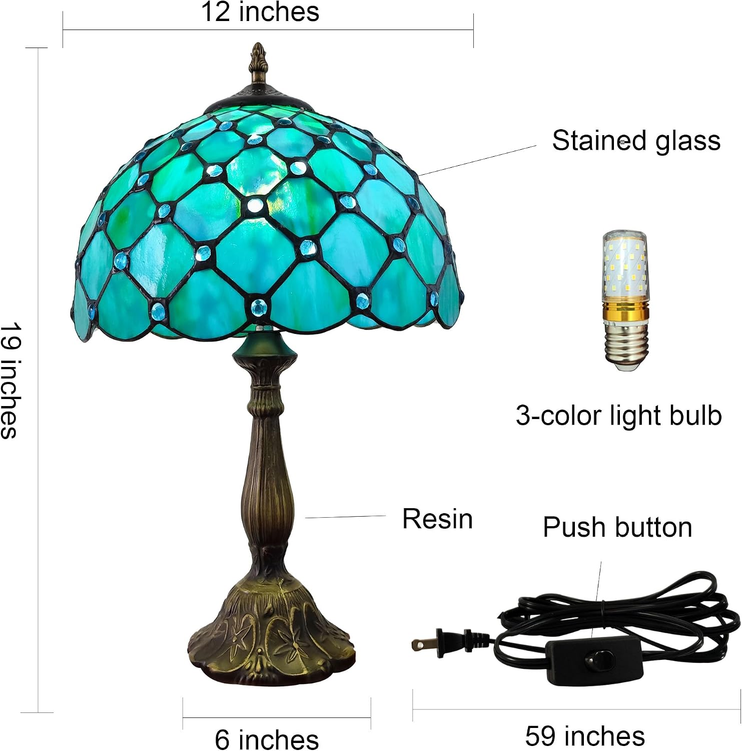 Tiffany Lamp Stained Glass Table Lamp Antique Bedside Desk Reading Light 3-Way Color LED Living Room Nightstand Light 12X12X19 Inches…