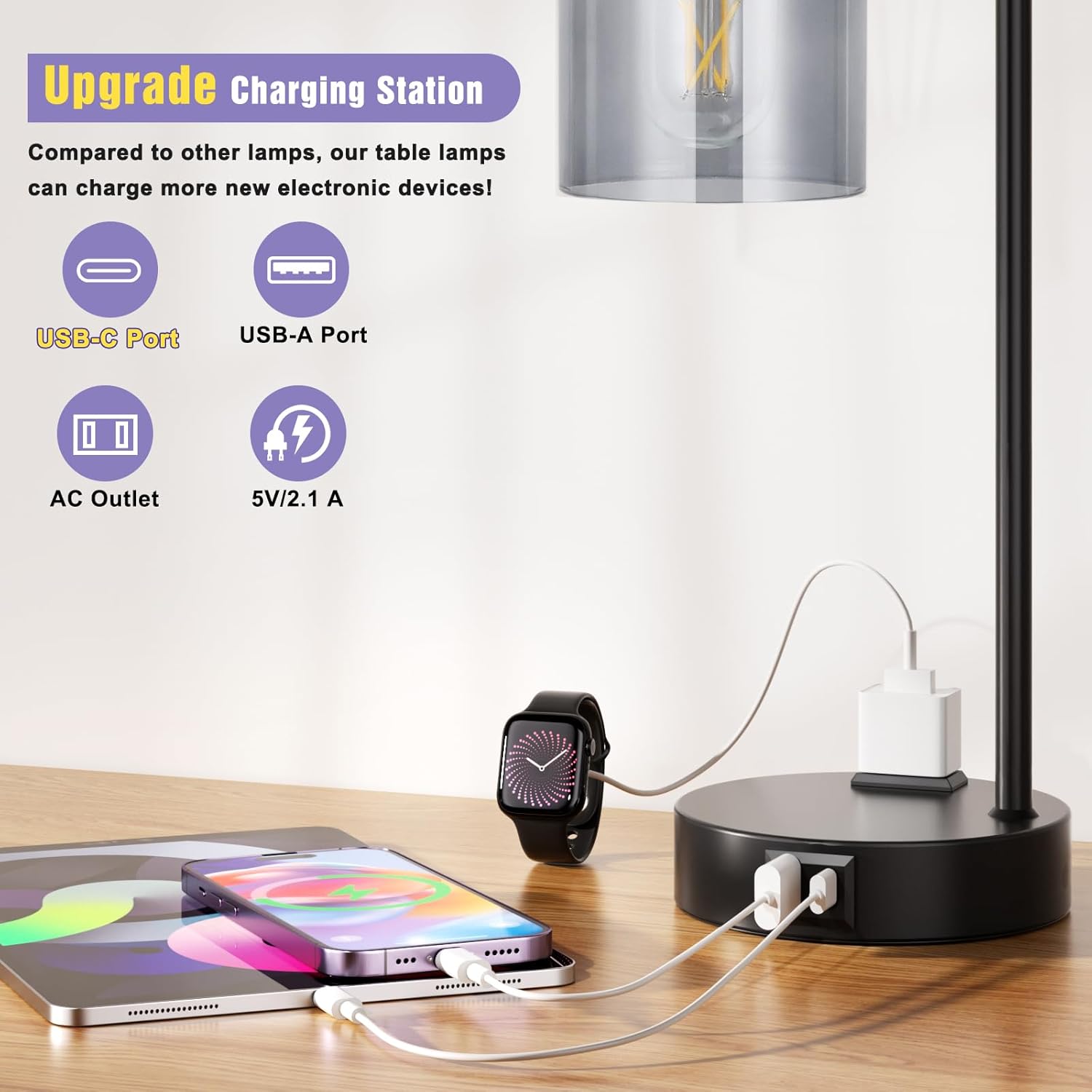 Innqoo Industrial Touch Bedroom Lamps for Bedrooms Set of 2-3-Way Dimmable Table Lamps with USB C+A Ports and Outlet, Bedside Lamps with…