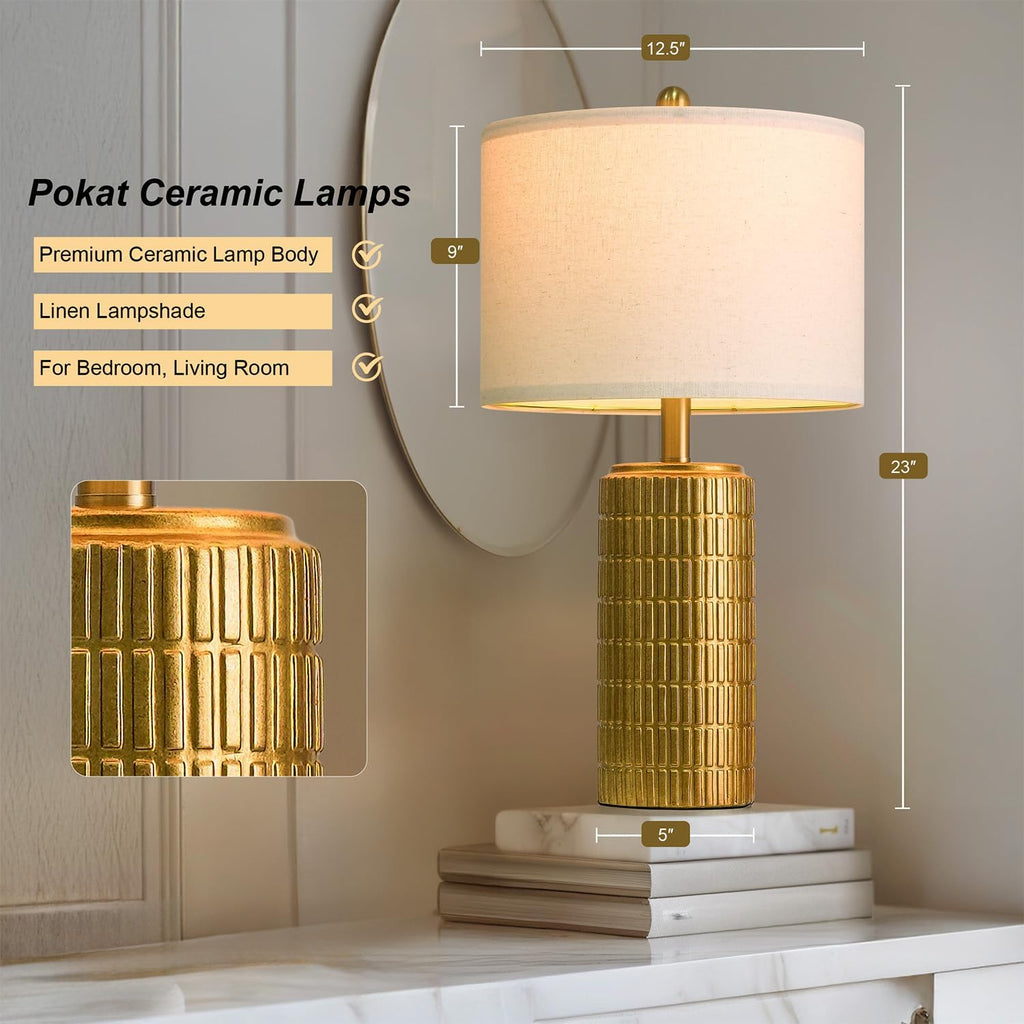 PoKat 23" Brass Gold Ceramic Table Lamps for Living Room, Retro Warm Gold Lamps for Night Stands, Vintage Bronze Decorative Lamps for…