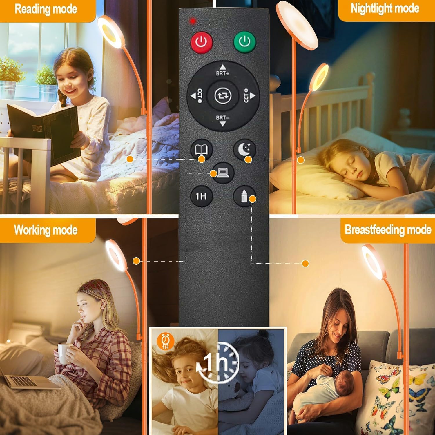 Marctronic Orange Floor Lamp, 42W 4000LM Super Bright LED Lamp with Reading Light for Living Room Bedroom Office, Touch Control, Dimmable S…