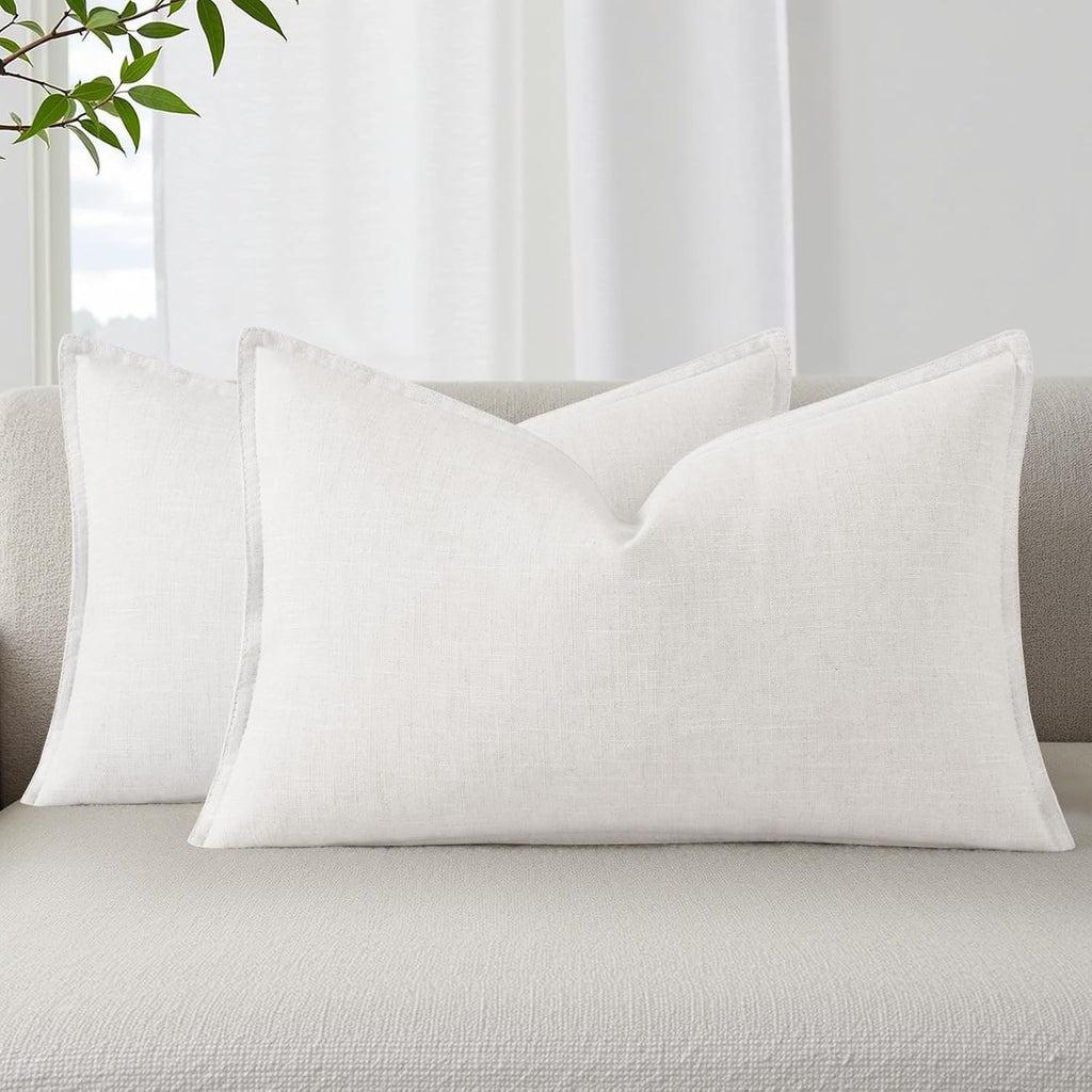 decorUhome Summer Decorative Linen Throw Pillow Covers 12x20 Inch Set of 2 Cream White Lumbar Pillow Covers with Flange Edges Soft Farmhous…