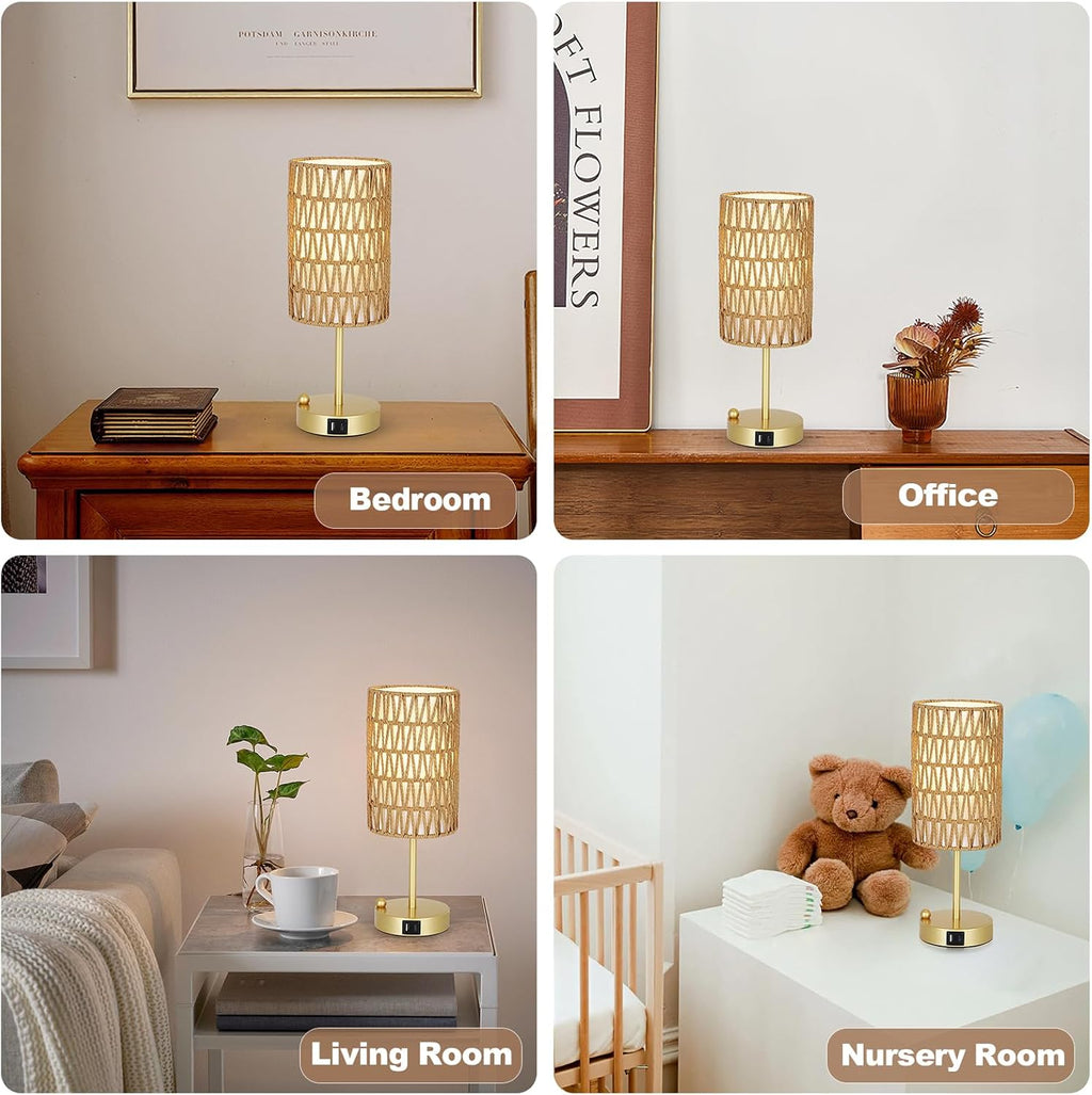 Gold Table Lamp for Bedroom with Bulb, Small Touch Control Table Lamp for Living Room with Rattan & Linen Shade, 3 Way Dimmable Bedside…