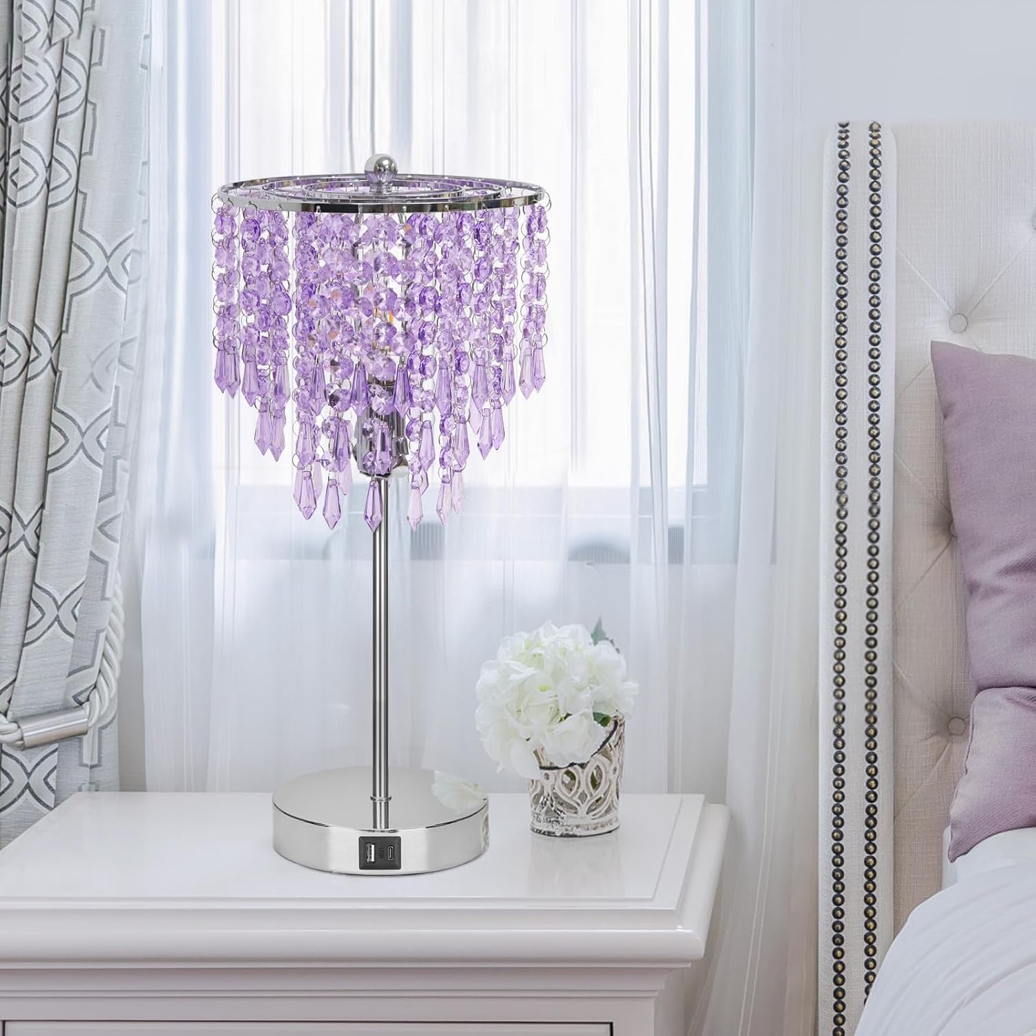 USB Bedside Crystal Lamp, 3 Way Dimmable Touch Nightstand Lamp with Dual USB Charging Ports, Lavender Table Lamp Decorative Accent Lamp…