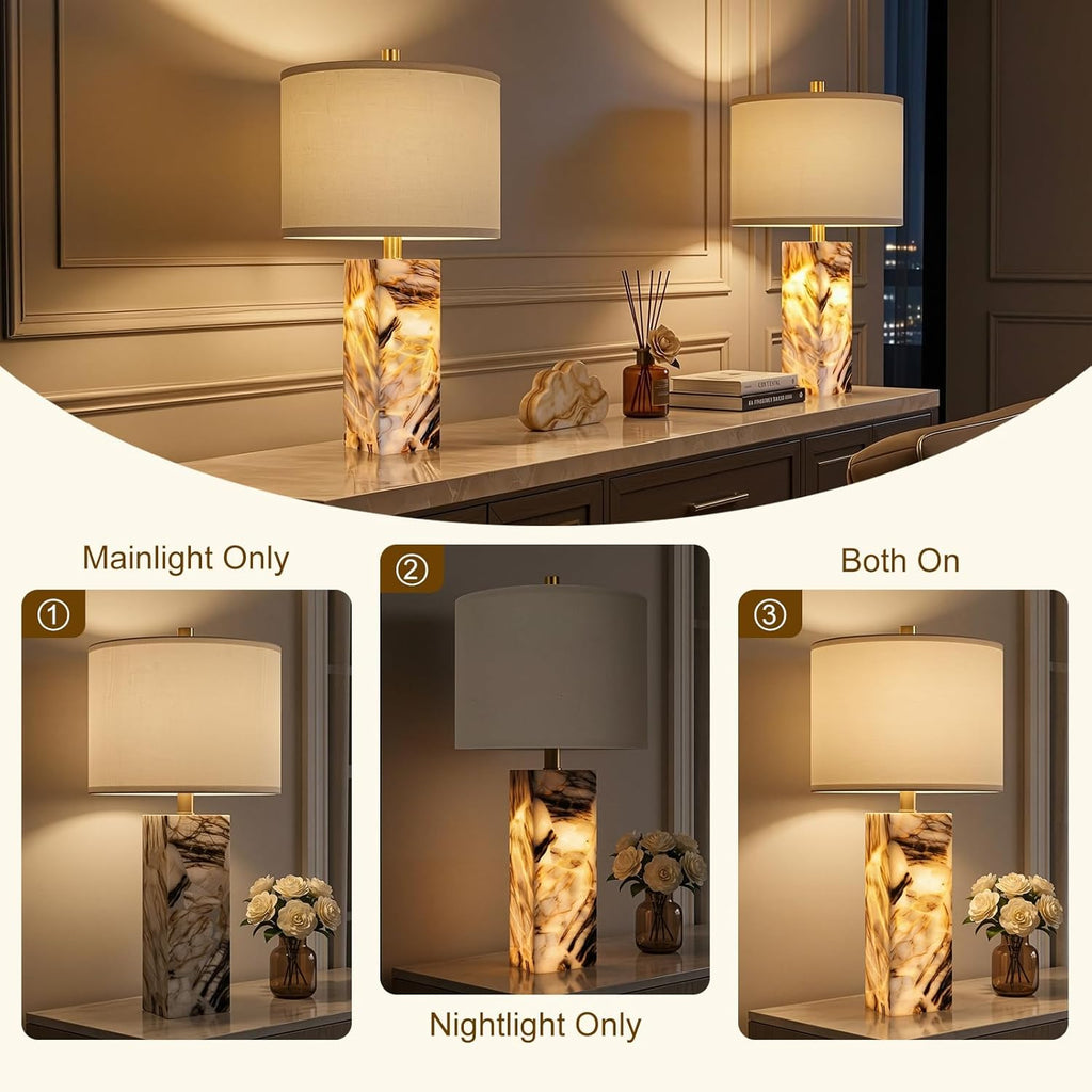 Scenekoy 23" Modern Alabaster Table Lamps Set of 2 with Night Light for Bedroom, Rotary Switch, Bedside Lamp with Linen Shade, Brown…