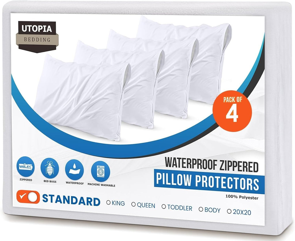 Utopiabedding Set of 4 Pillow Protectors with Zipper Standard Size, Bed Bug and Dust Mite Proof Pillow Covers, Ultra Soft Pillow Encasement…