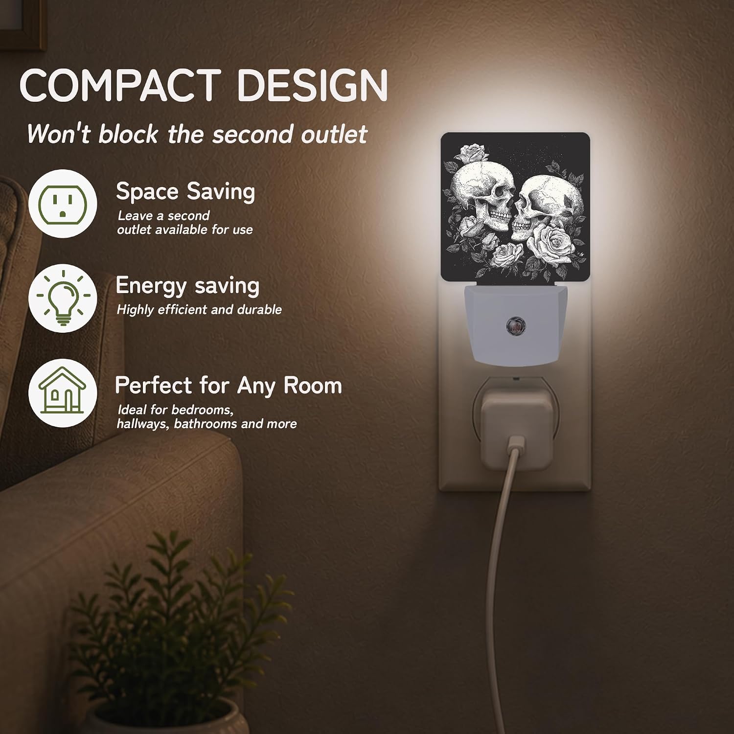 Gothic Skull Roses Night Lights Plug into Wall, Night Light with Dusk to Dawn Sensor for Bedroom Bathroom Kitchen Hallway Stairs…