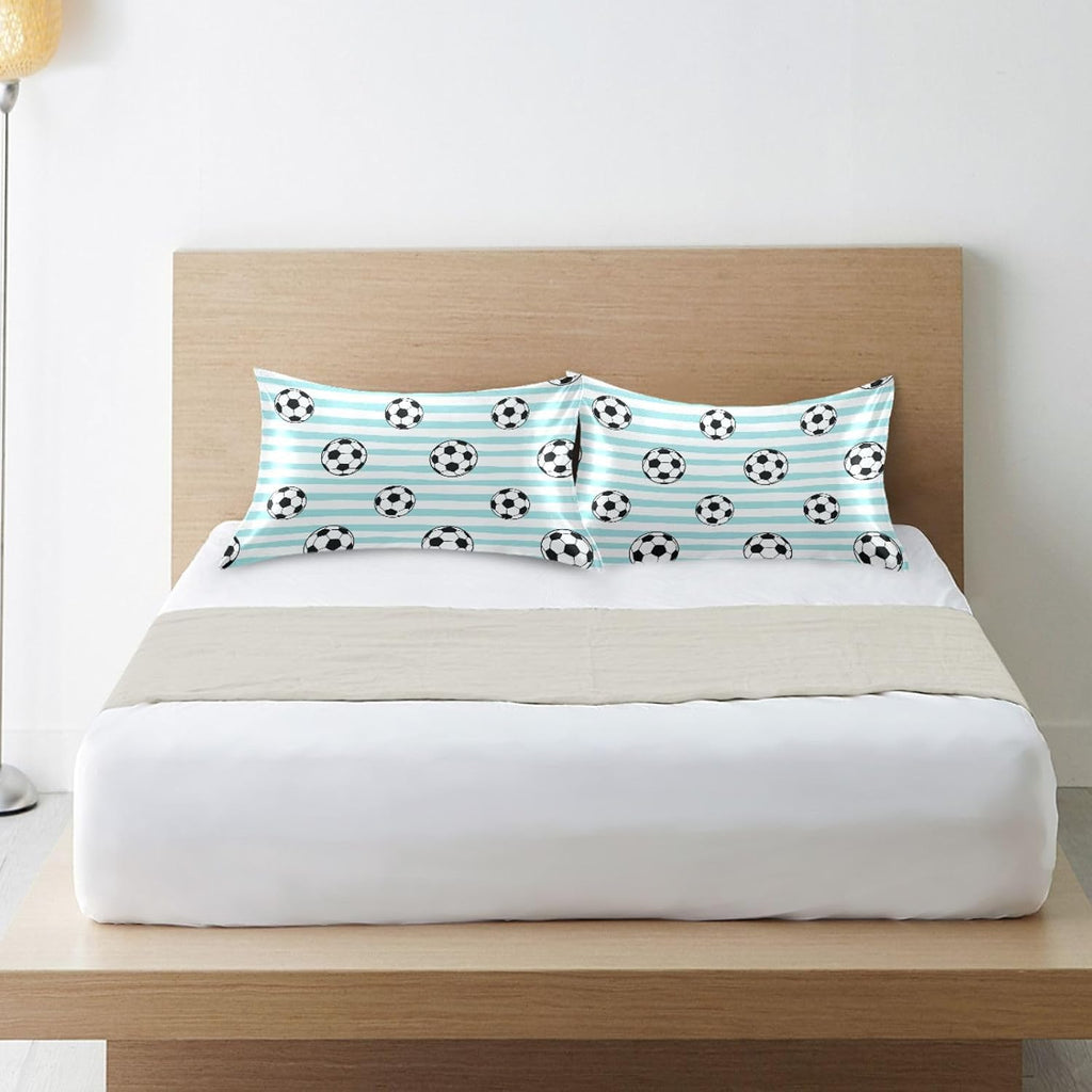 Soccer Blue Stripe Pillow Covers Silk Pillowcase for Hair and Skin Breathable Soft Satin Pillowcase King Size Pillow Case for Bedroom…