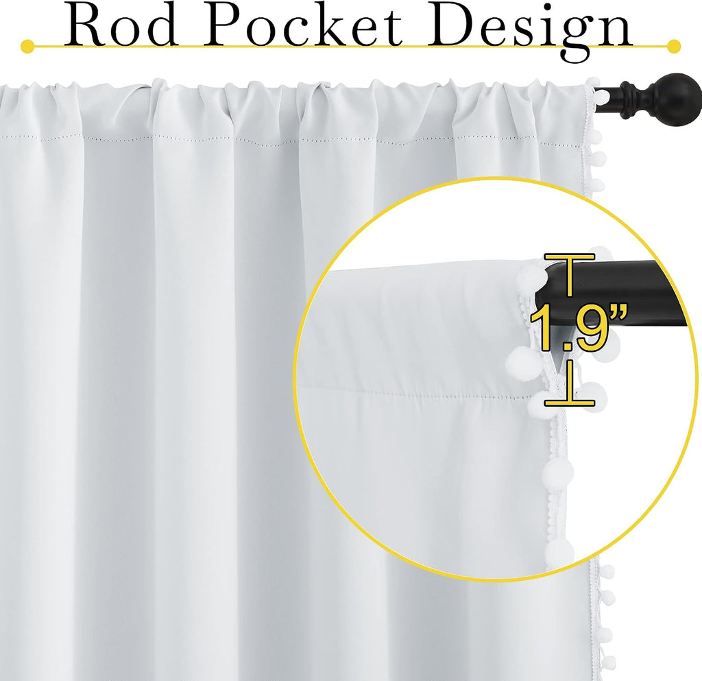 NICETOWN 2 Panels Blackout Curtains, Rod Pocket Bedroom Curtain Panels 63" Length, Pompom Thermal Insulated Room Darkening Drapes for…