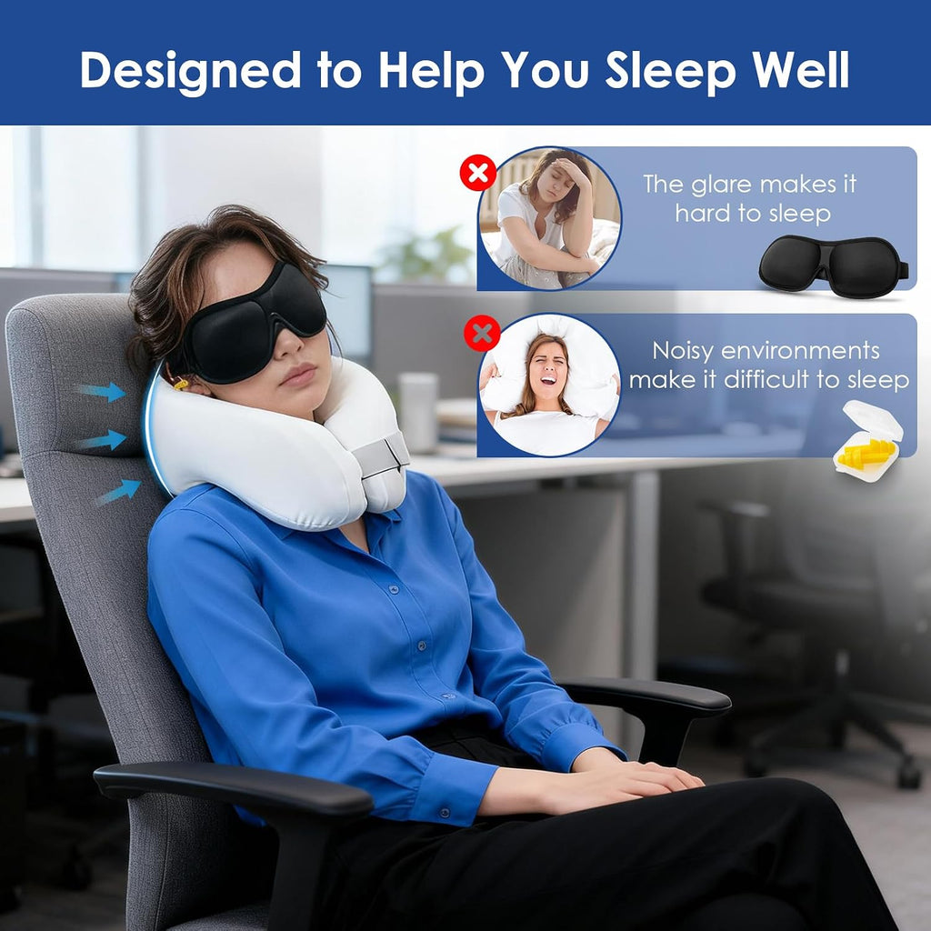 jiaao Memory Foam Neck Pillow for Travel & Airplanes, Adjustable Travel Pillow for Long Flights & Road Trips, Includes Eye Mask…