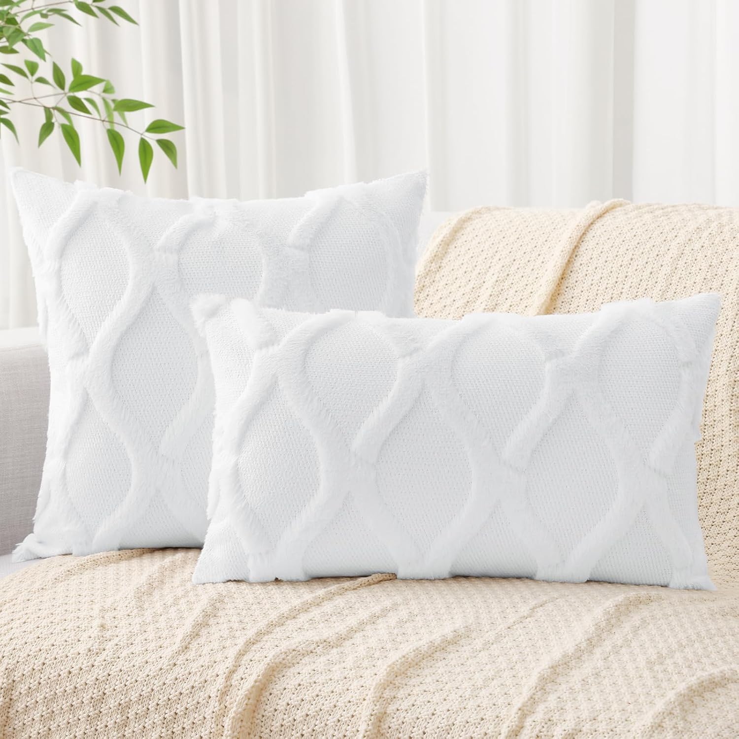decorUhome Summer Throw Pillow Covers 16x16 Inch Set of 2, Soft Plush Faux Fur Wool Pure White Accent Couch Pillow Covers for Modern Farmho…