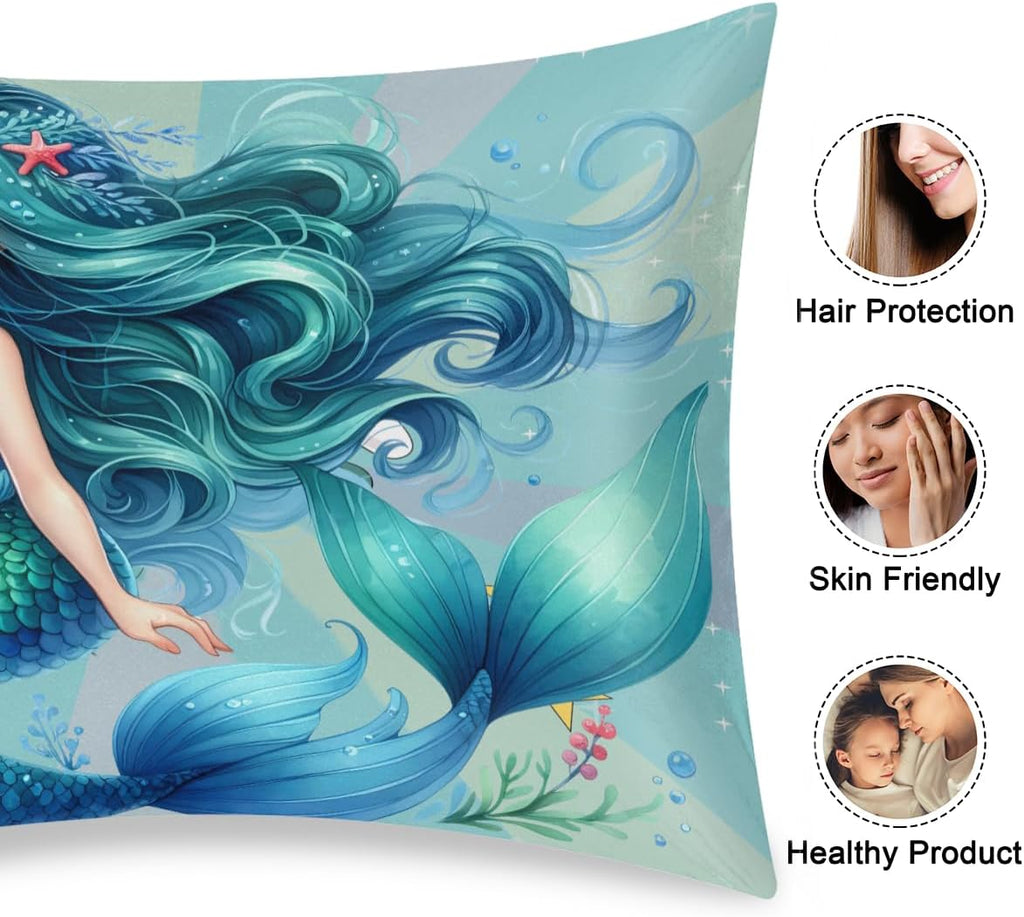 Mermaid Teal Ocean Satin Silk Pillowcase for Hair and Skin Pillow Cases King Size Soft Silk Pillow Case with Envelope Closure Print Satin…