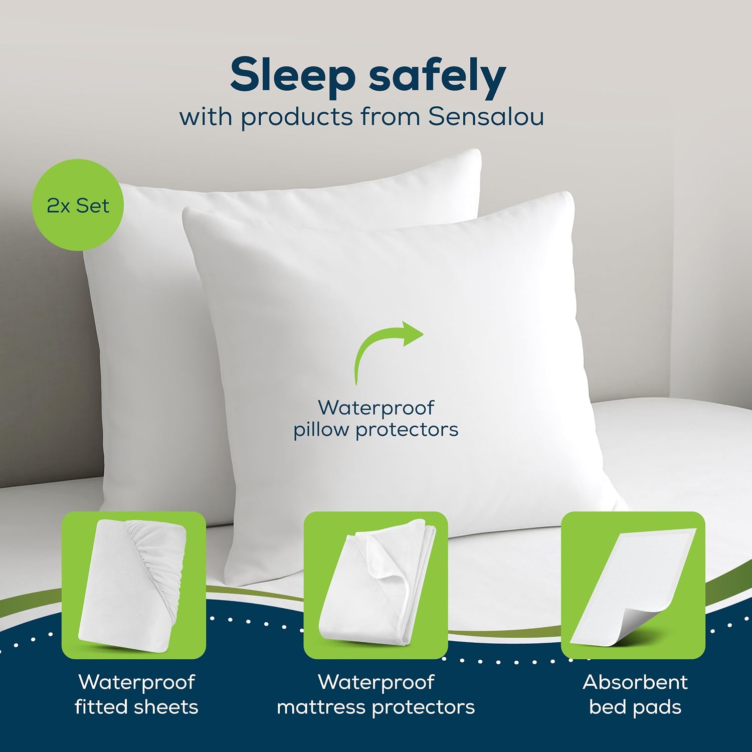 Sensalou King Size Waterproof Pillow Protectors - Noiseless Cover Case with Zipper - Encasement Ultra-Soft Cover Oeko-Tex Certified, Hot…