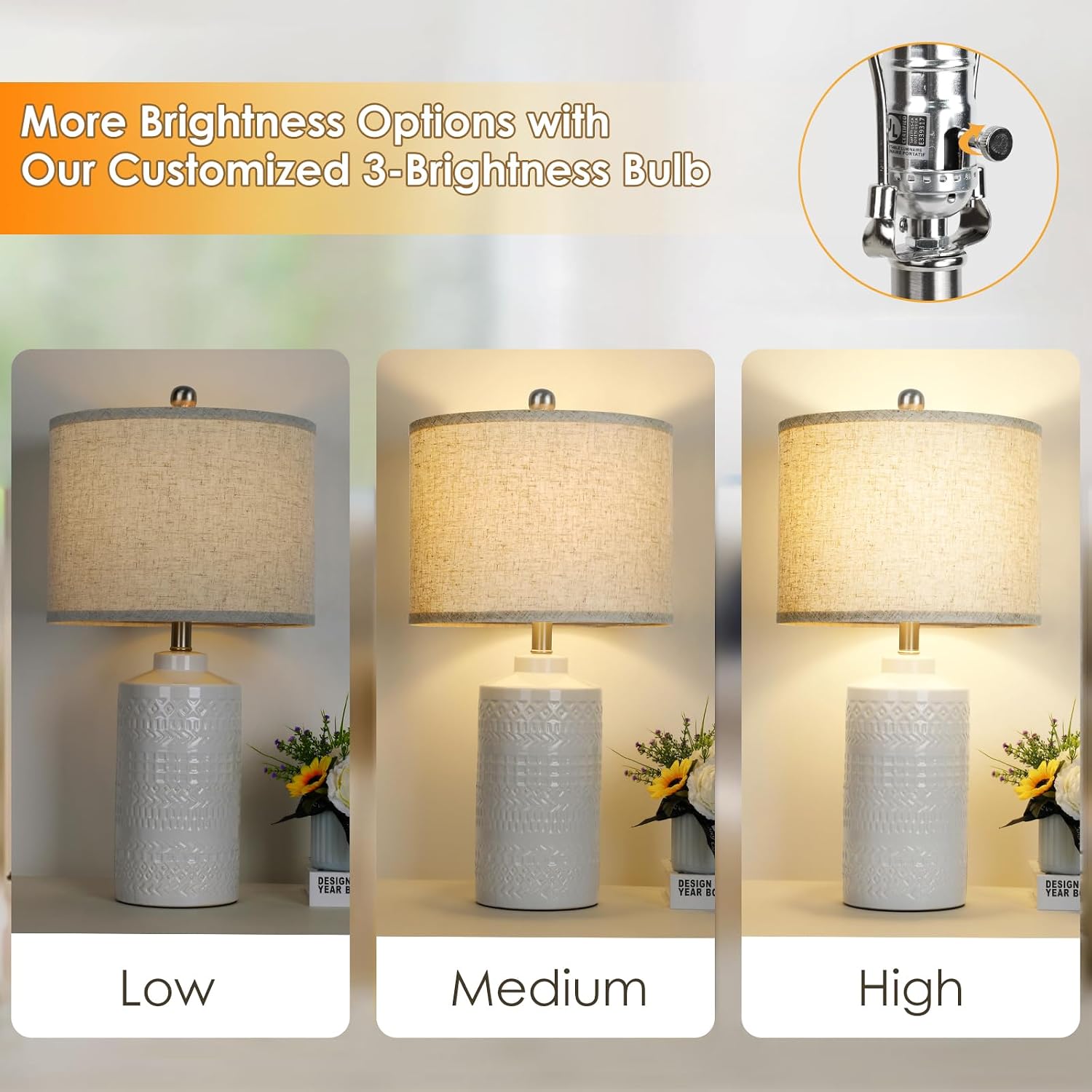JUNNAI White Ceramic Table Lamp with Beige Shade: 3-Way Dimmable Night Stand Light Lamp 24.5" Modern Table Lamps for Living Room Bedroom…