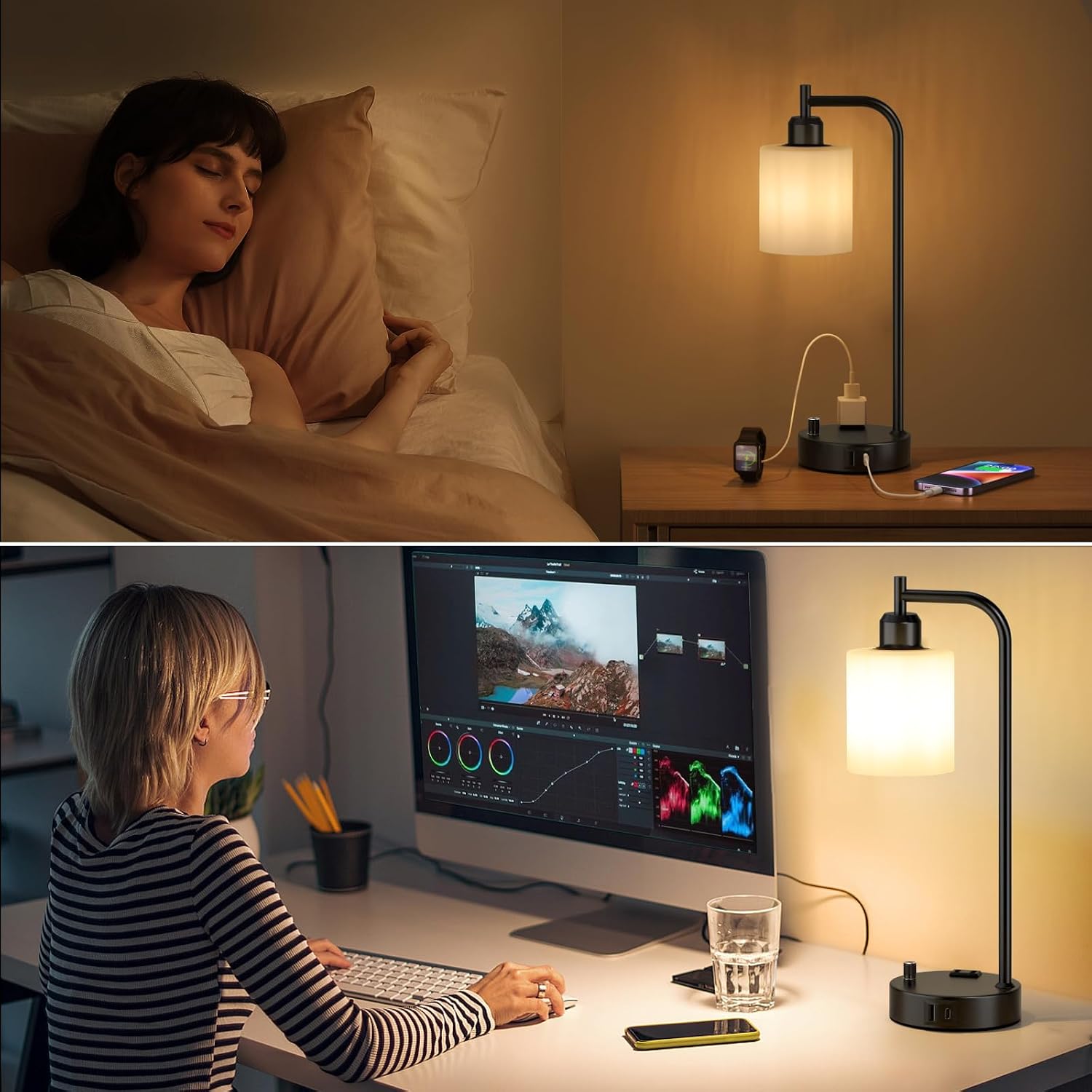 Industrial Bedroom Lamps for Nightstand Set of 2 - Fully Dimmable Bedside Lamps with USB A C Ports and Outlet, Black Table Lamps with…