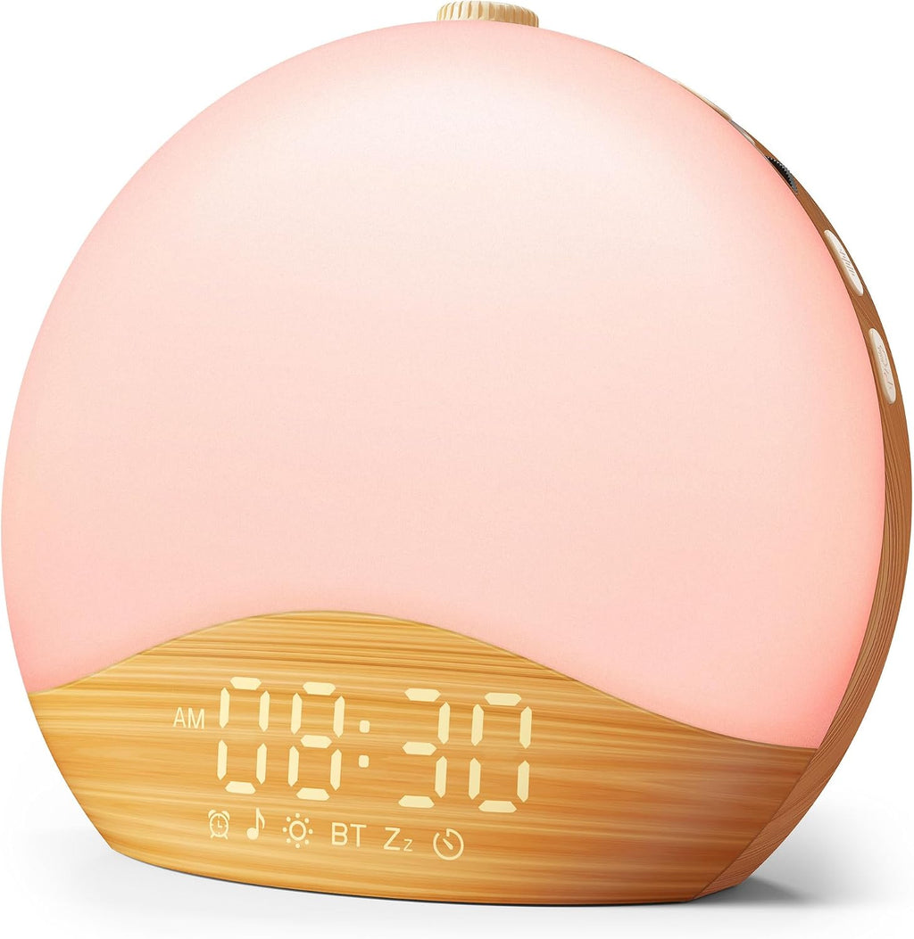 ecozy Wood Grain Sunrise Alarm Clock, White Noise Sound Machine, Music-Sync Lights, Upgraded Backlit Buttons for Bedrooms, 26 Soothing…
