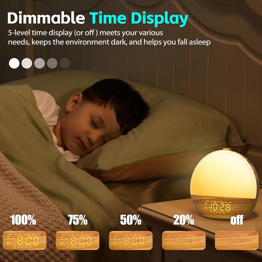 Geuuap Wood Grain White Noise Sound Machine Sunrise Alarm Clock with 25 Soothing Sounds, 17 Dimmable Night Lights, Bluetooth Speaker Wake…