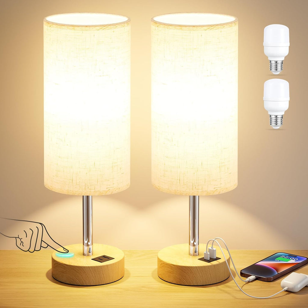 Touch Bedside Lamps Set of 2 - 3 Way Dimmable Table Lamps for Bedroom, Nightstand Lamp with Wooden Charging Station for Kids Room Dorm…
